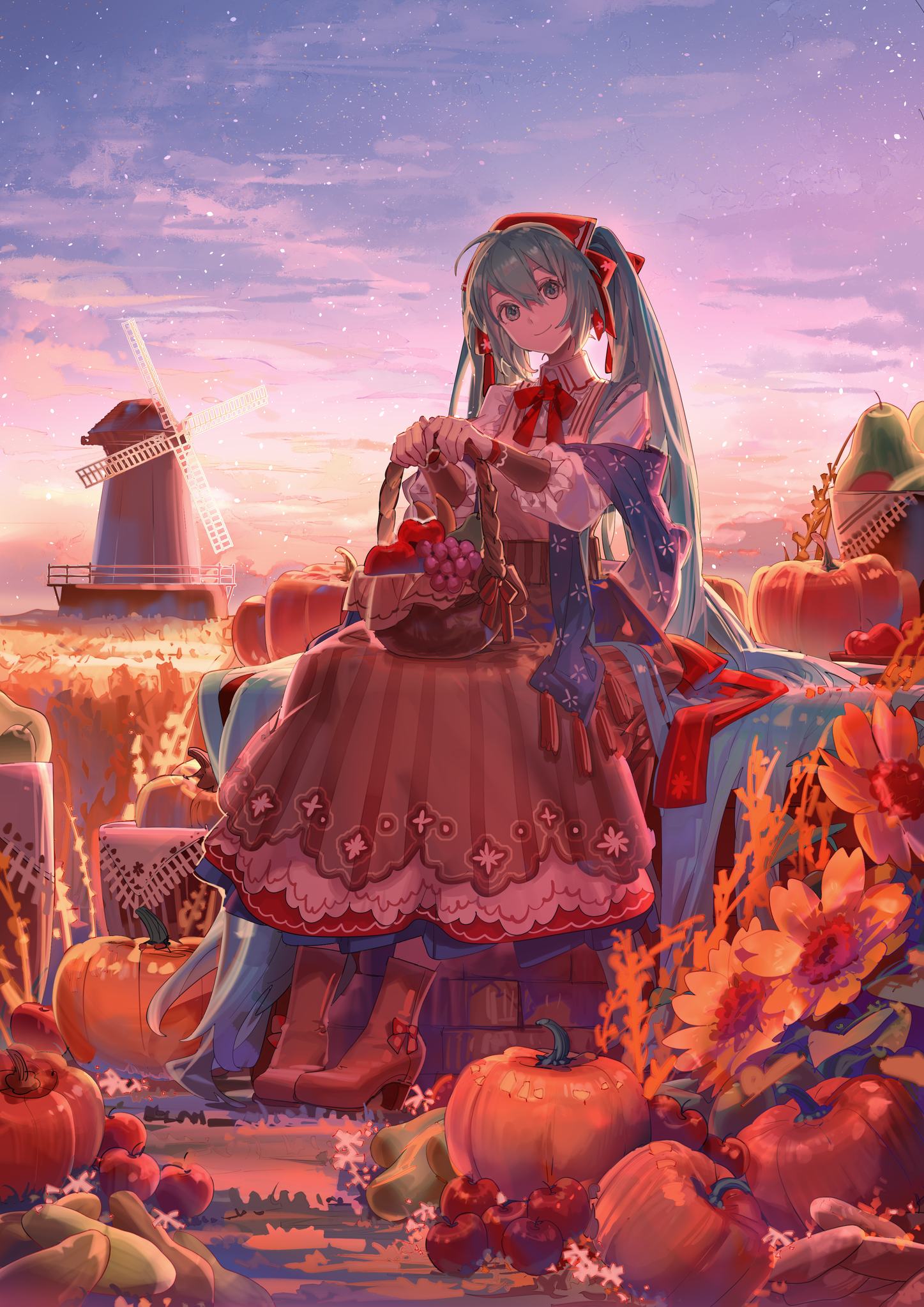 Anime 1447x2046 anime Pixiv anime girls long hair twintails smiling blue hair blue eyes sunset sunset glow sky clouds pumpkin sitting baskets fruit looking at viewer dress boots windmill Shuno (artist)