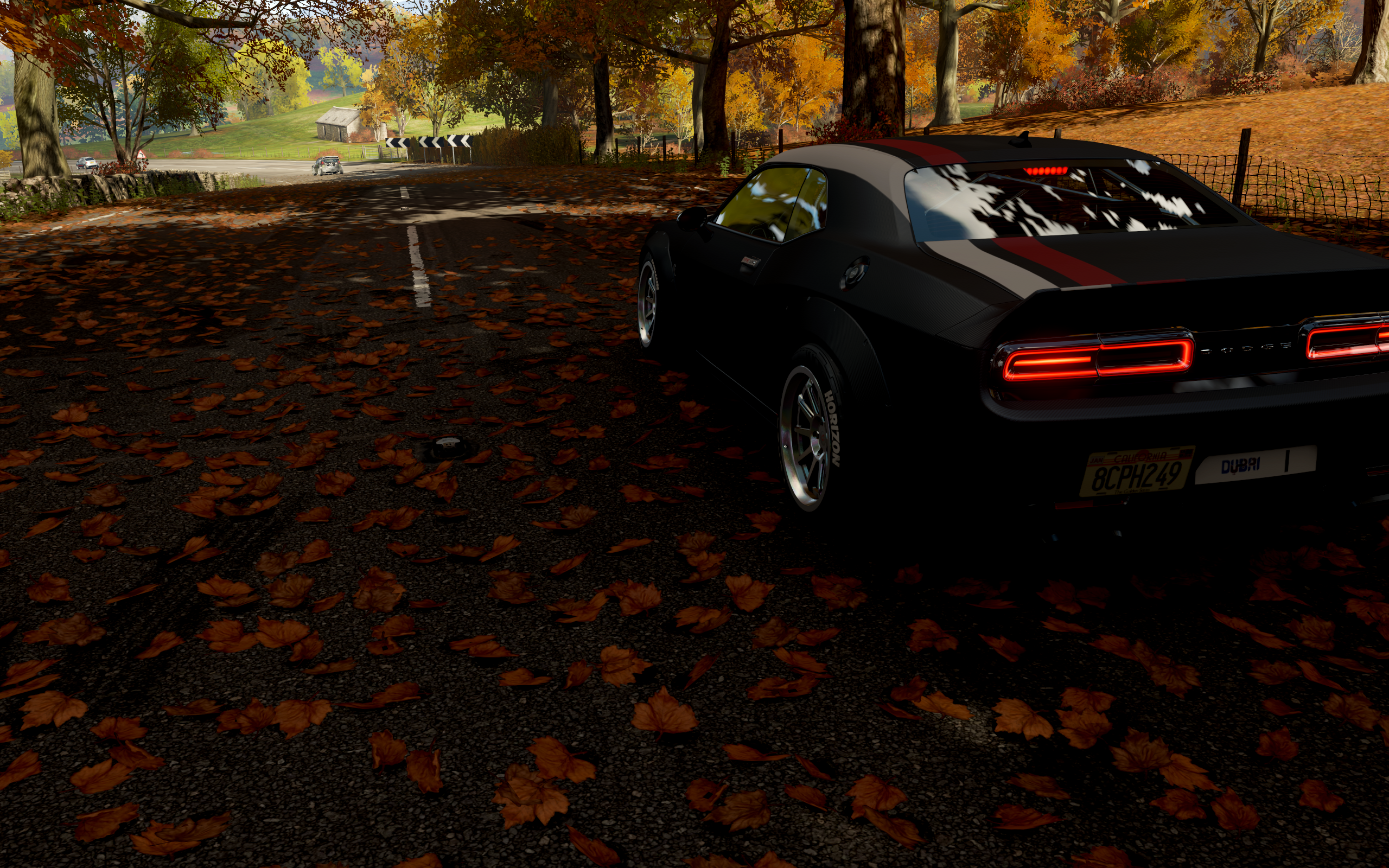 General 2560x1600 horizon line art clear sky still life taillights Autumn Boar Dodge Challenger car plate carrier fall golden brown reflection rear view leaves licence plates vehicle trees Dodge muscle cars American cars Stellantis Forza Horizon 4 video games PlaygroundGames