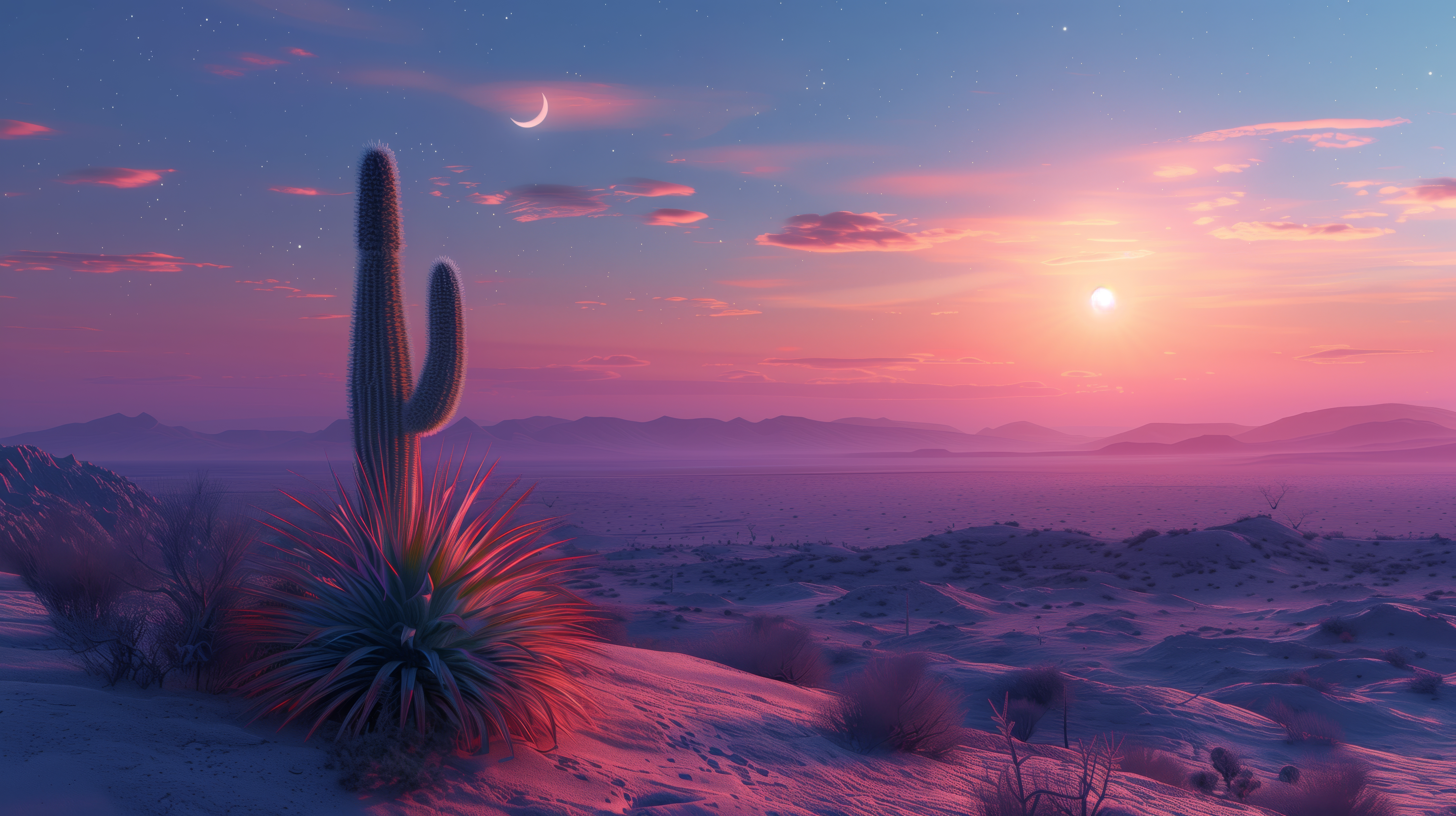 General 5824x3264 AI art colorful cactus desert sunset clouds sky crescent moon Sun landscape mountains stars