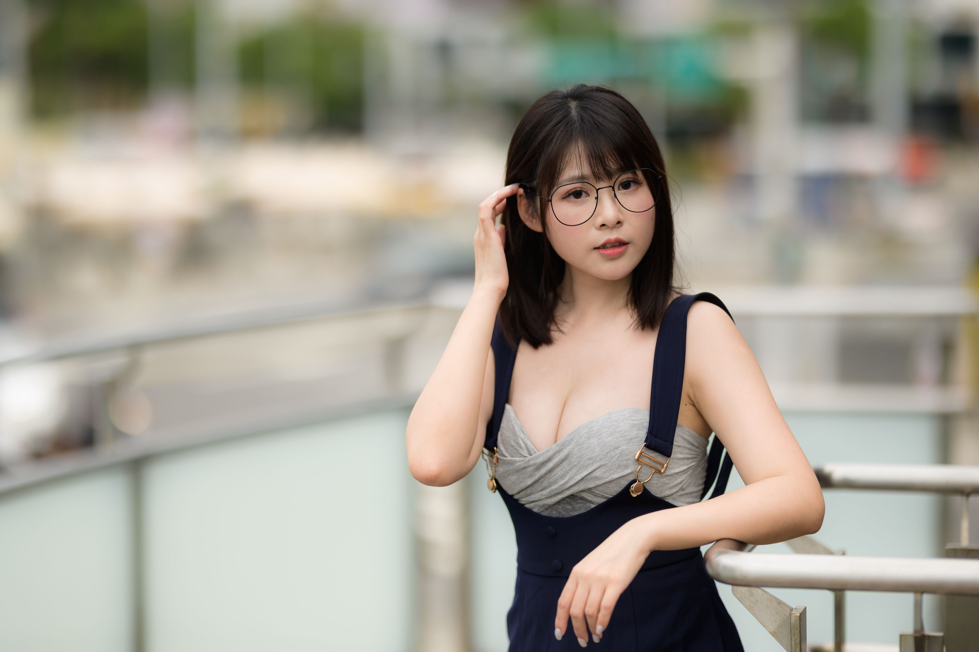 People 3840x2560 Asian model women dark hair short hair brunette glasses women with glasses parted lips suspenders women outdoors cleavage blurred blurry background