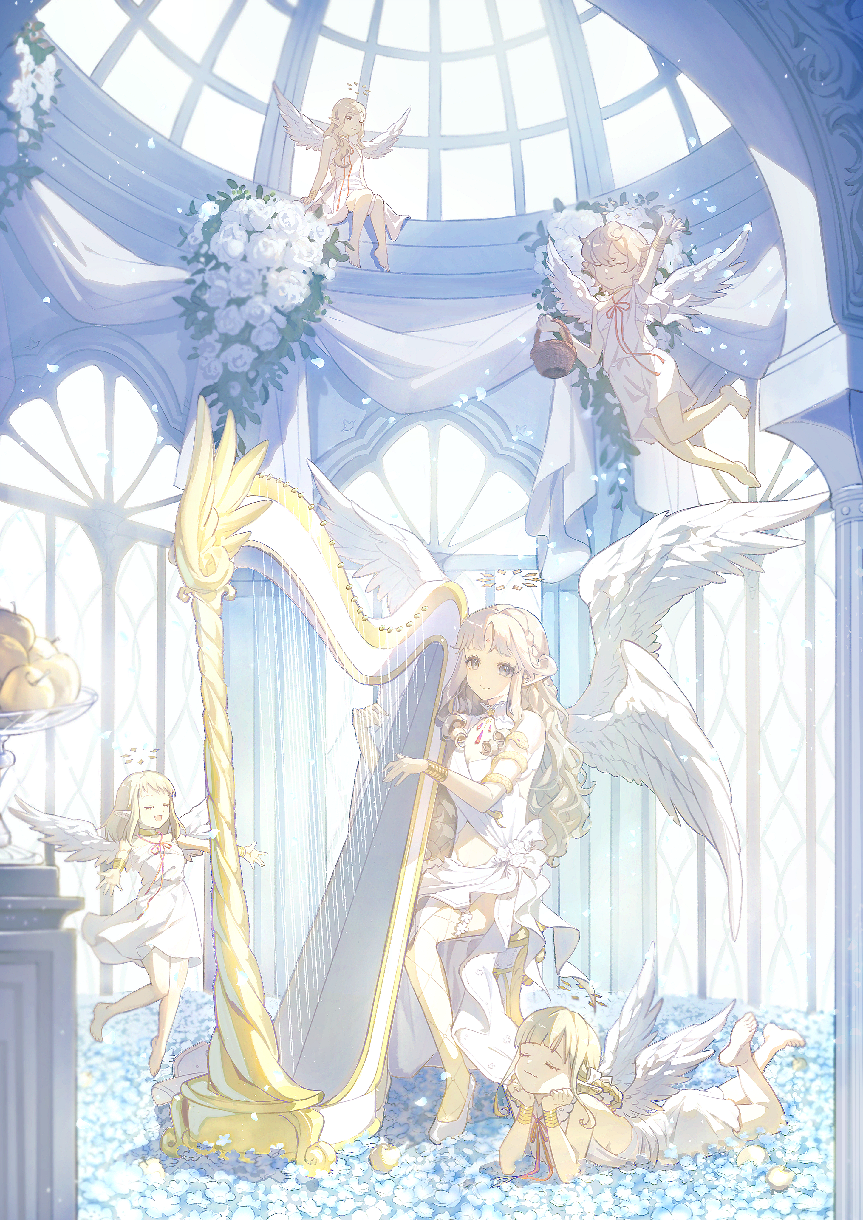 Anime 2894x4093 portrait display angel angel wings white dress group of women flowers musical instrument harp looking at viewer dress pointy ears bouquets white flowers smiling KFR2_2 closed eyes long hair floating wings sitting