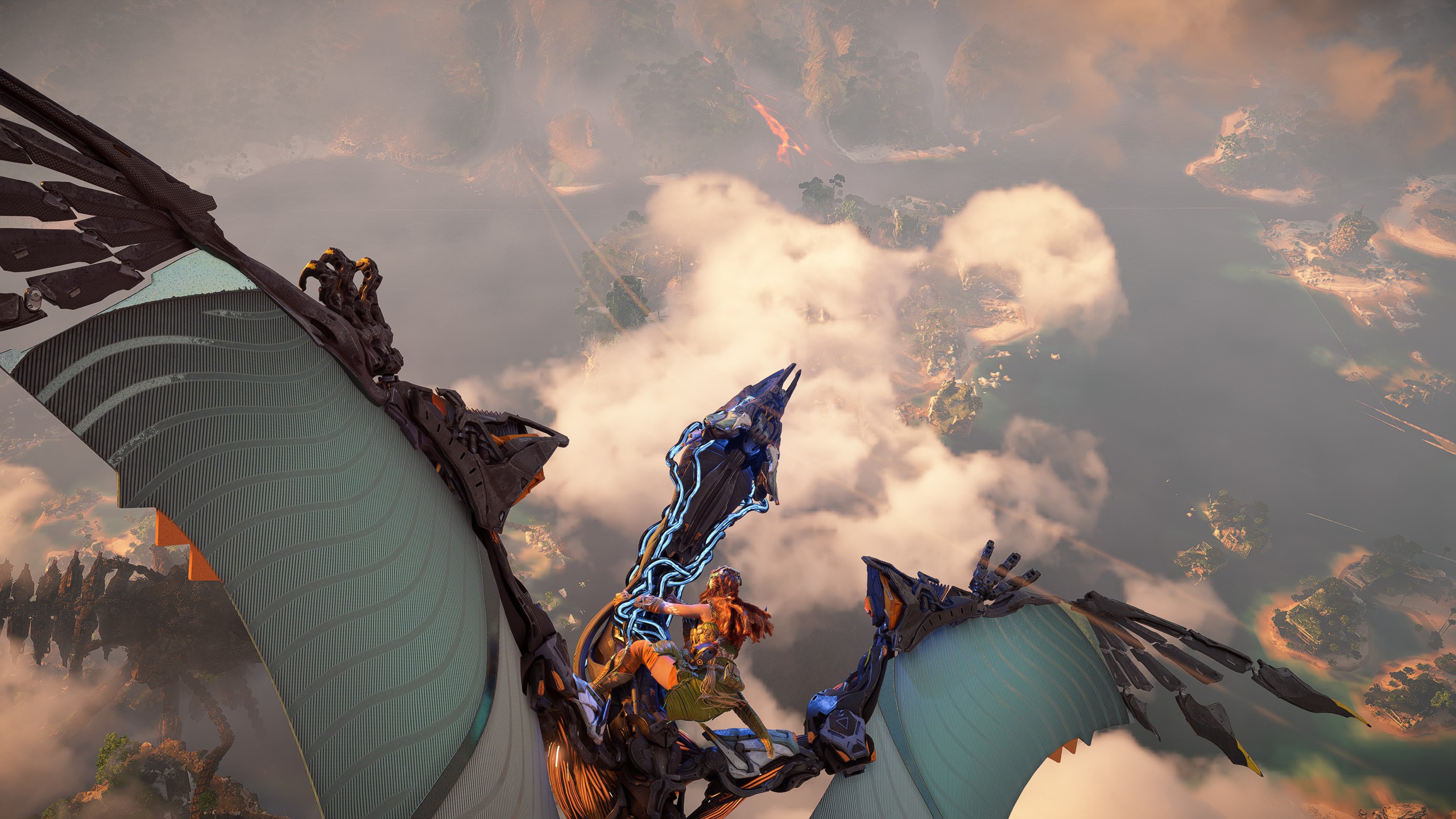 General 2560x1440 Horizon Forbidden West video game characters video game girls Aloy video game art screen shot video games landscape clouds flying CGI robot Pterodactyl sky long hair wings brunette water