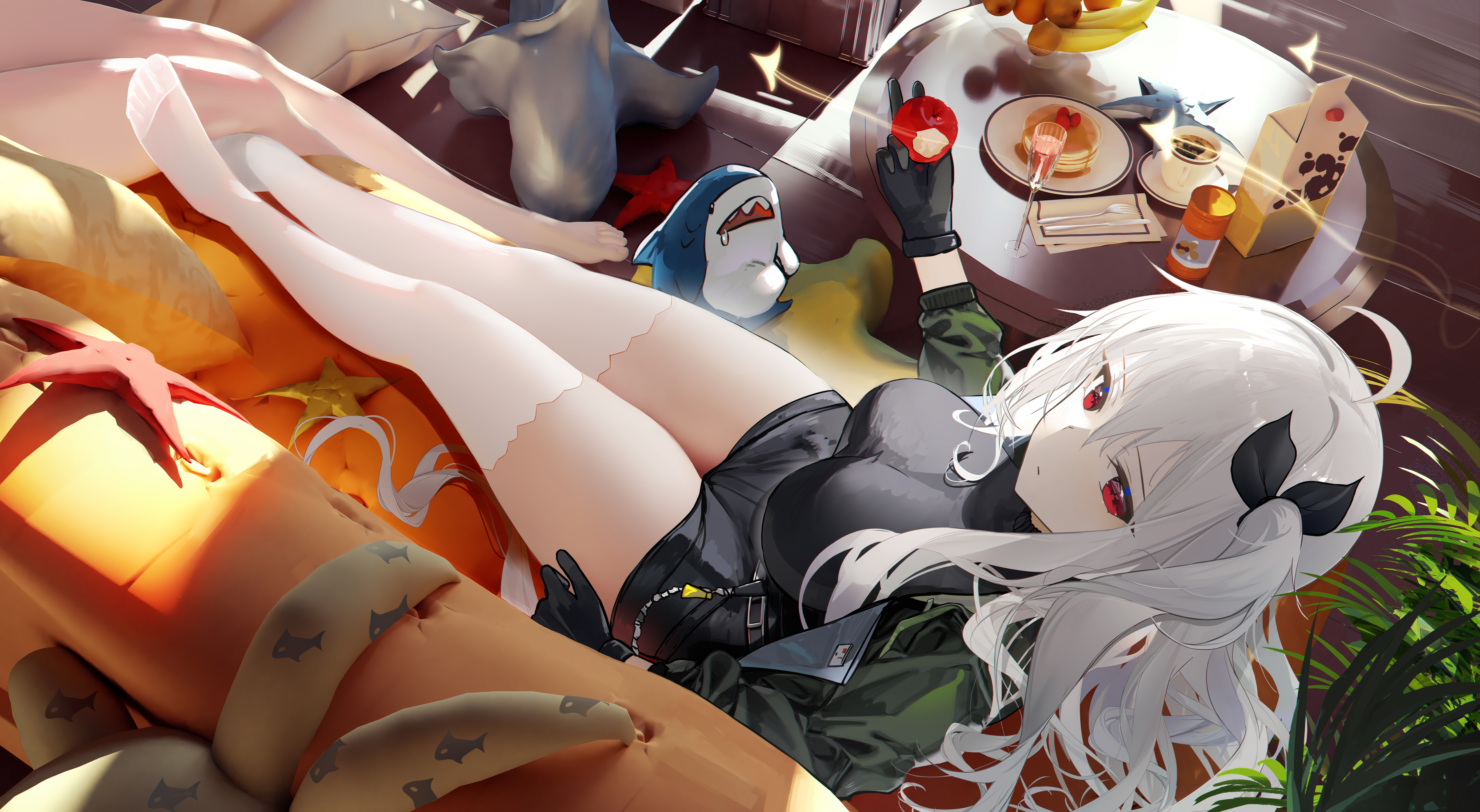 Anime 6340x3480 anime anime girls thighs looking at viewer leaves apples fork knife drink couch pillow feet legs side ponytail high angle Omone Hokoma Agm gloves hair between eyes long hair pancakes food black gloves women indoors sitting Skadi (Arknights) sunlight Arknights anime games white thigh highs table thigh-highs