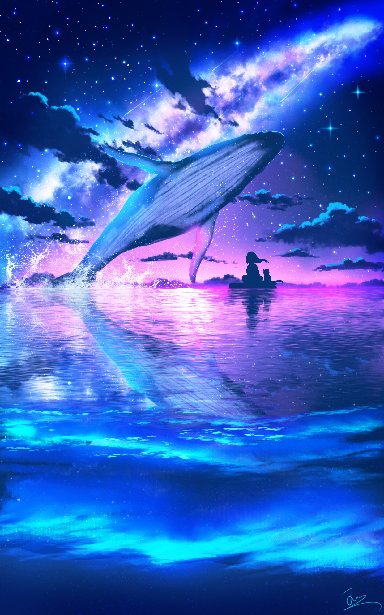 Anime 1242x1988 anime anime girls HuashiJW silhouette whale water stars signature portrait display sky clouds animals reflection sitting cats