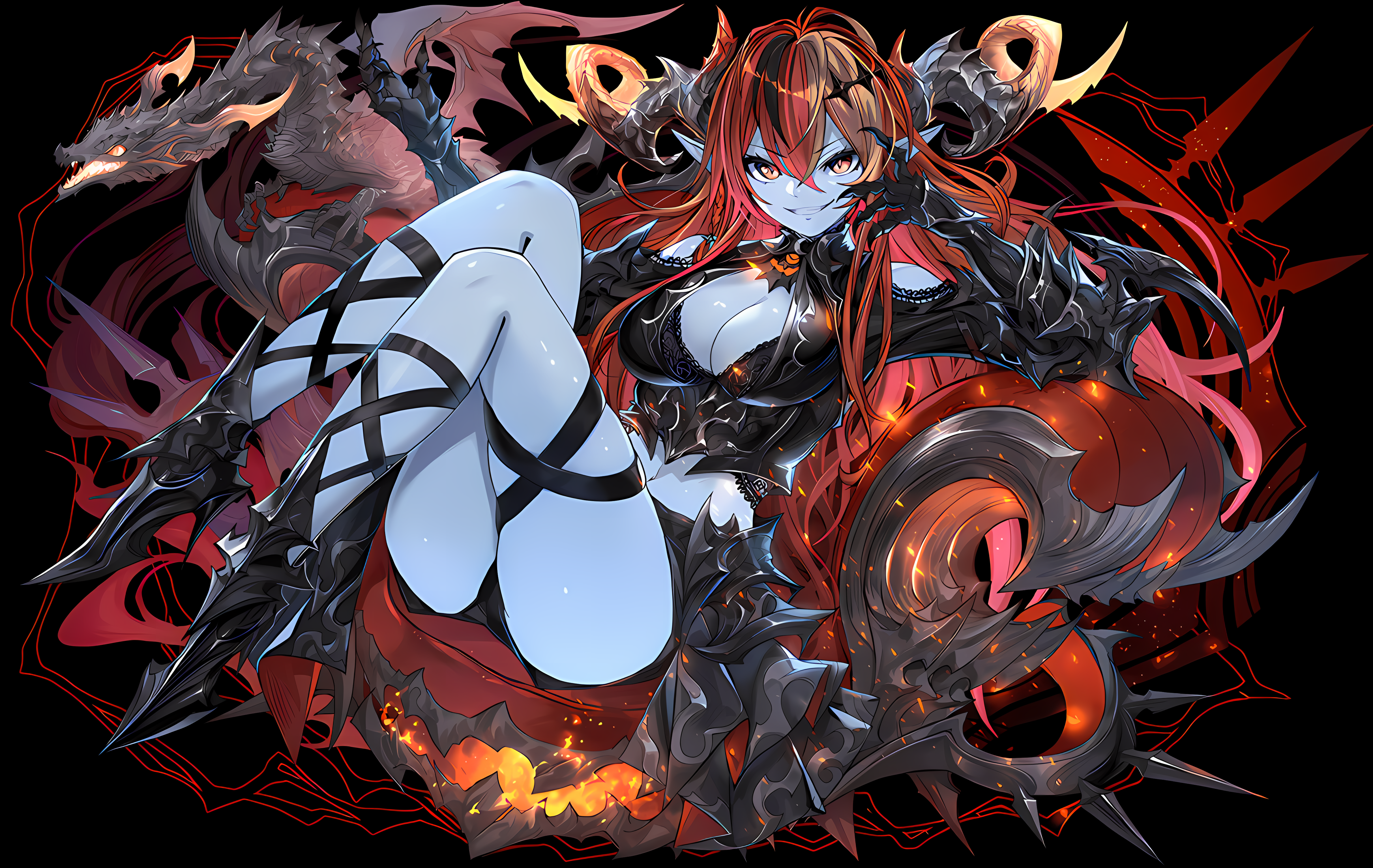Anime 4852x3068 puzzle and dragons Puzzle & Dragons redhead cleavage leather armor dragon