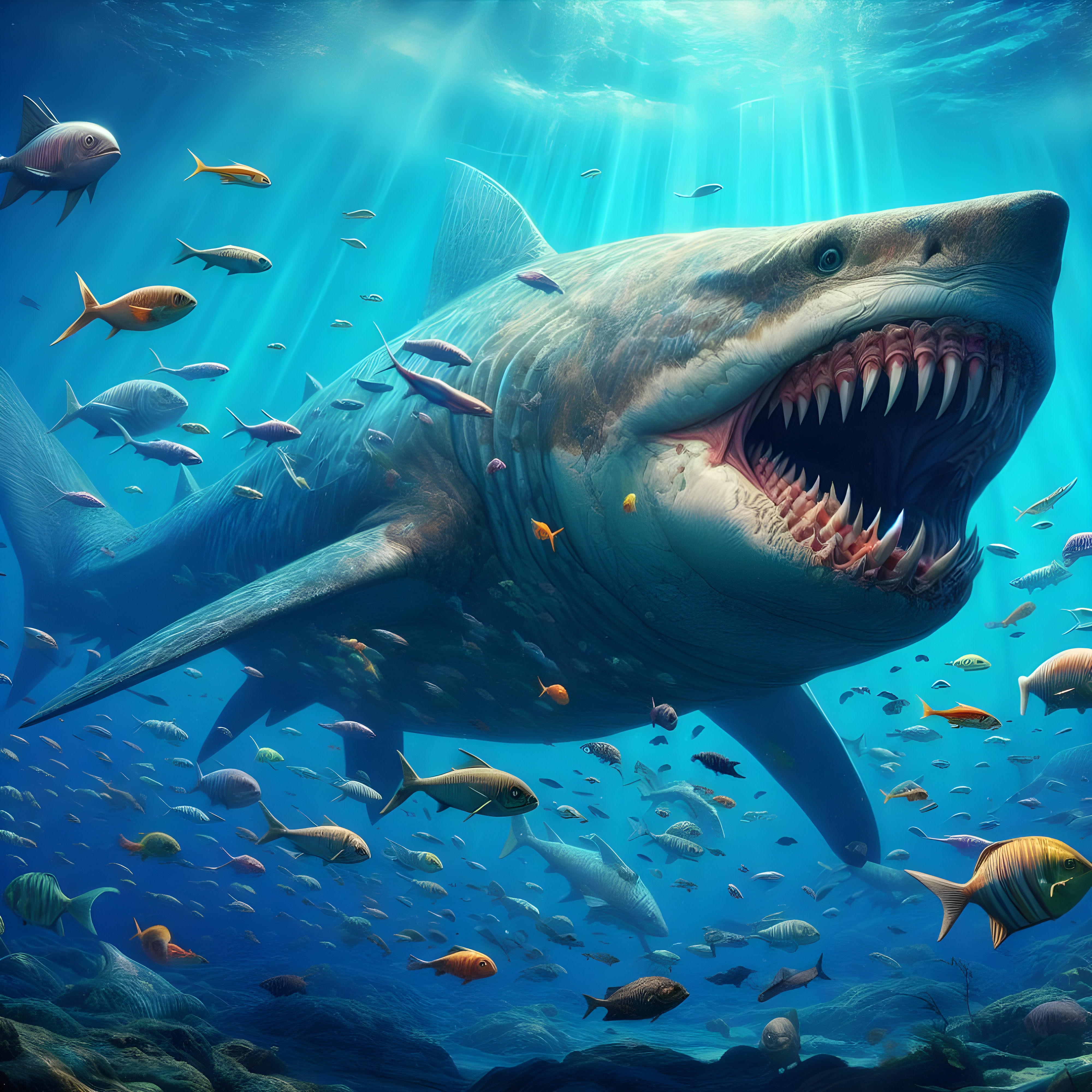 General 4000x4000 animals shark megalodon deep sea sea AI art hunter digital art