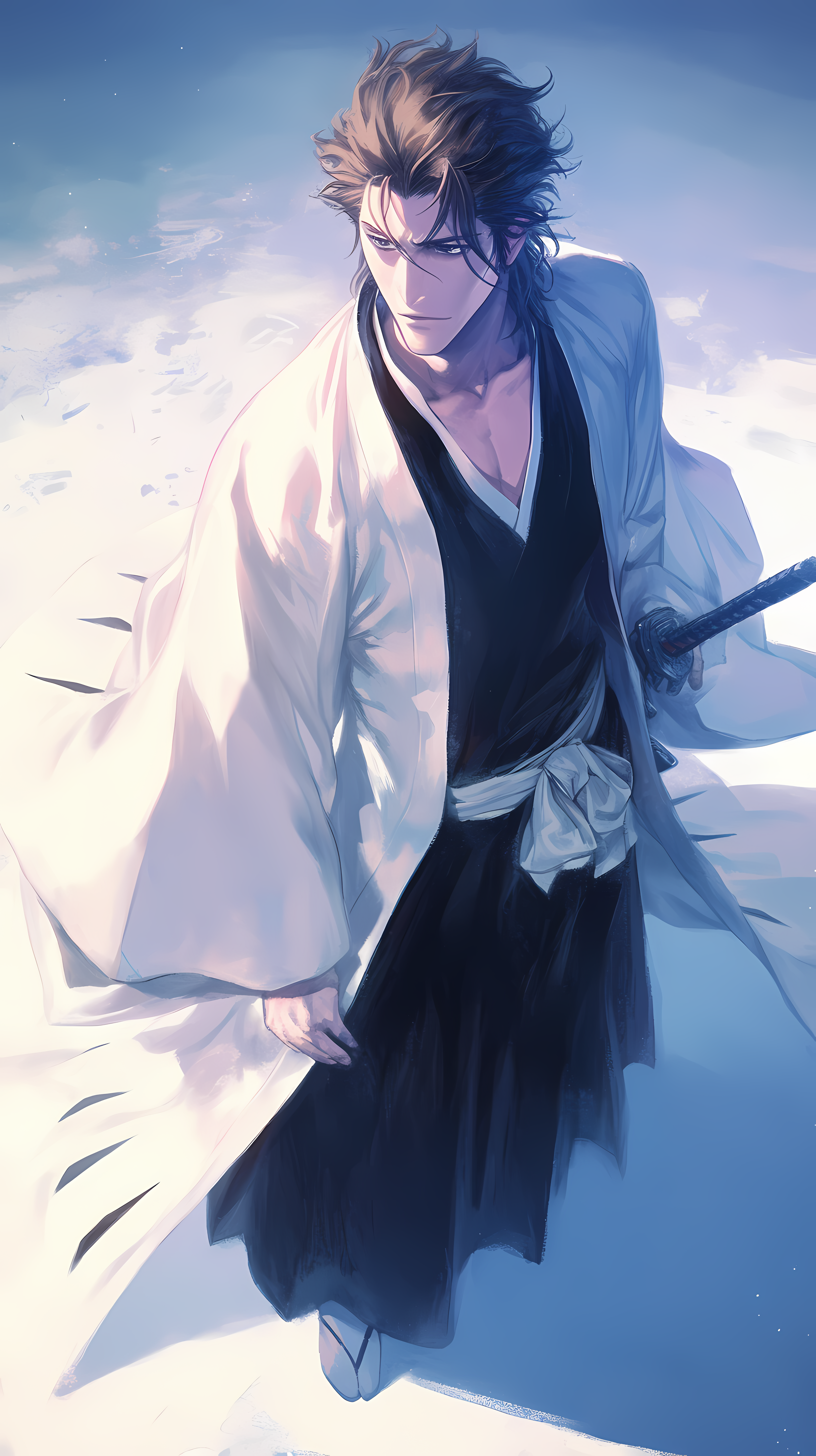 Anime 3264x5824 high angle AI art Bleach white belt katana Sousuke Aizen white portrait display closed mouth short hair looking away anime men sword men with swords wide sleeves long sleeves brunette standing