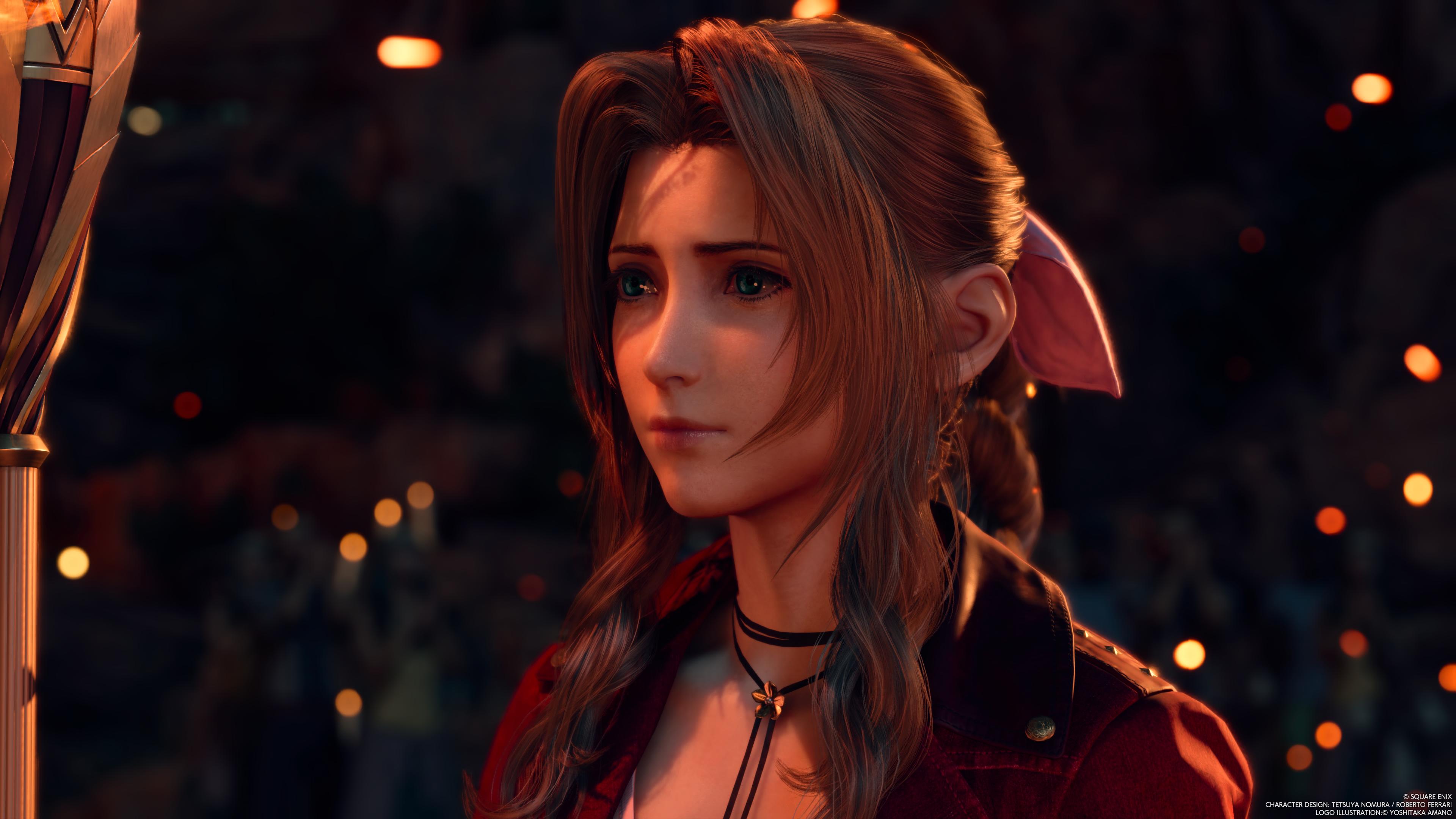 General 3840x2160 Final Fantasy VII: Rebirth Aerith Gainsborough Final Fantasy video games video game girls JRPGs Square Enix long hair video game characters CGI blurry background face closed mouth brunette blue eyes looking away watermarked lights Yoshitaka Amano bokeh video game art screen shot