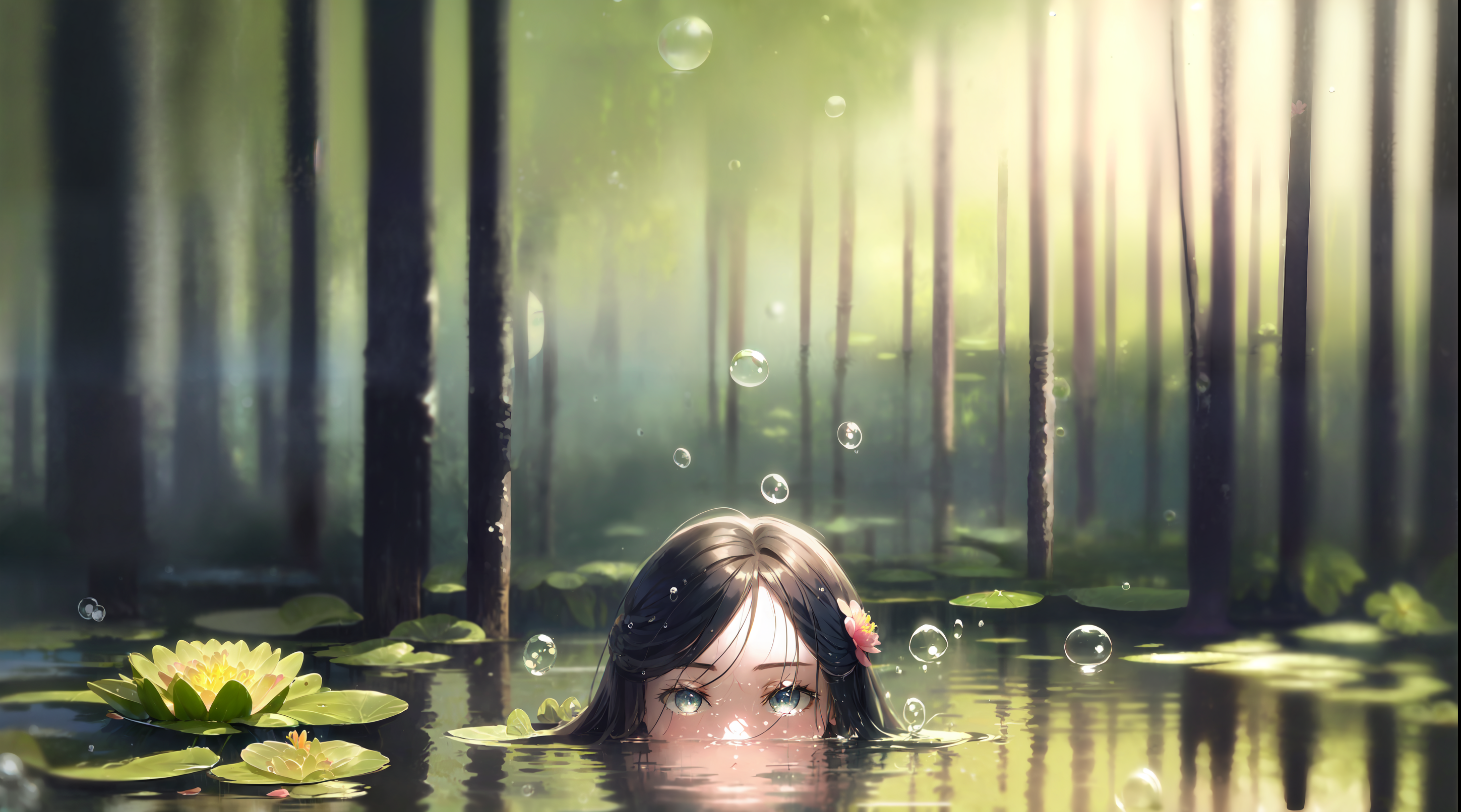 Anime 2898x1612 AI art swamp flower in hair in water water lilies frontal view looking at viewer nature blurry background trees bubbles hair ornament