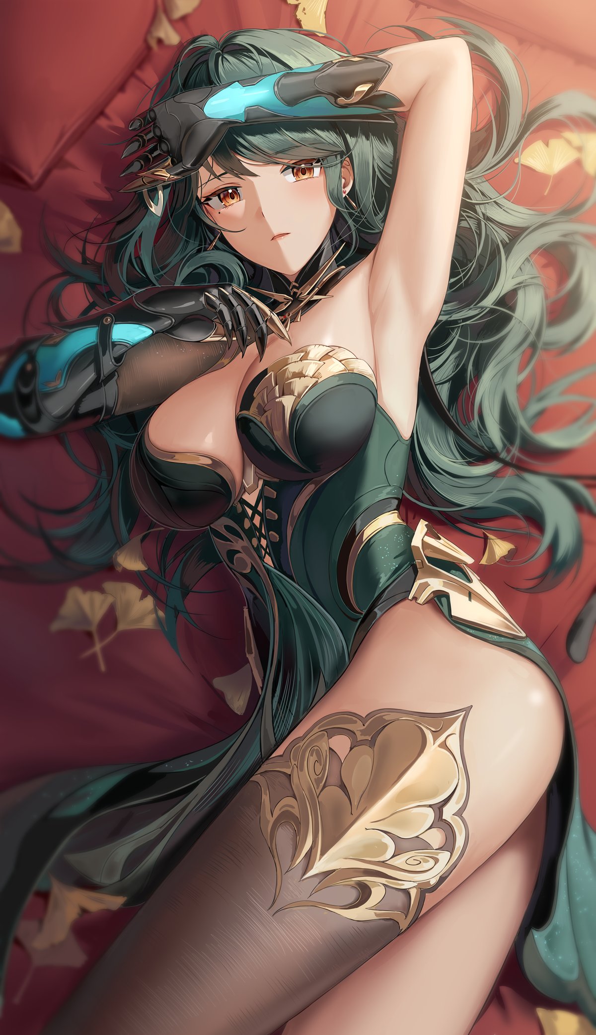 Anime 1200x2083 Punishing: Gray Raven portrait display long hair Hanying (Punishing: Gray Raven) big boobs mole under eye orange eyes lying on side looking at viewer gloves green hair Silence Girl one arm up lying down missing stocking thighs top view elbow gloves armpits parted lips leaves green dress