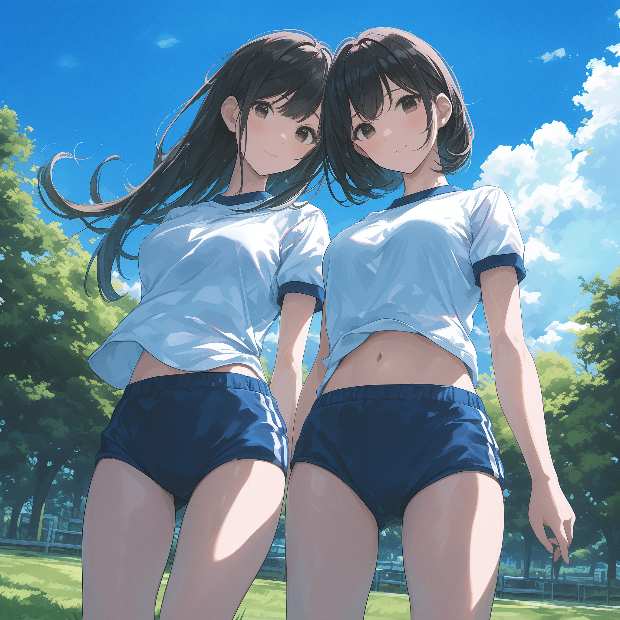 Anime 2048x2048 AI art anime anime girls two women twins original characters long hair short hair black hair artwork digital art