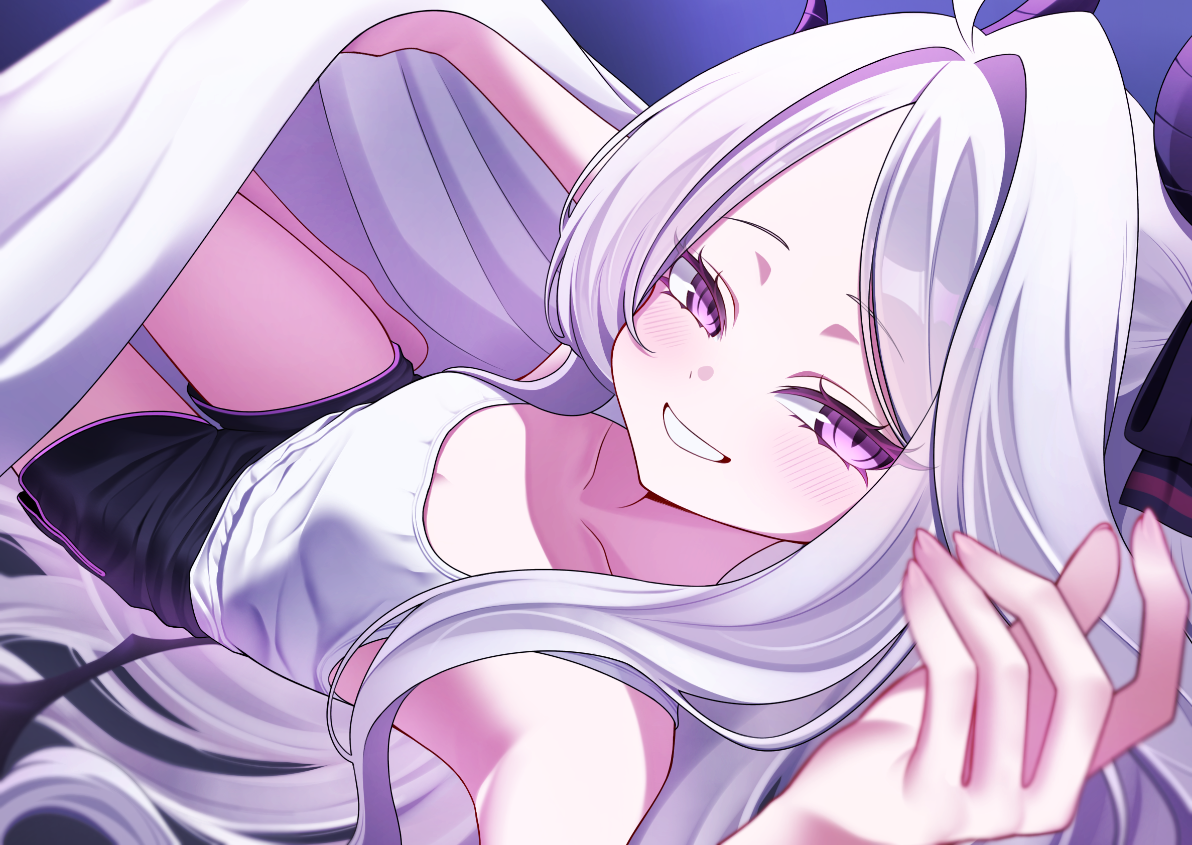 Anime 2375x1684 Sorasaki Hina (Blue Archive) Blue Archive white hair long hair purple eyes smiling anime girls anime girl with wings anime games video game characters