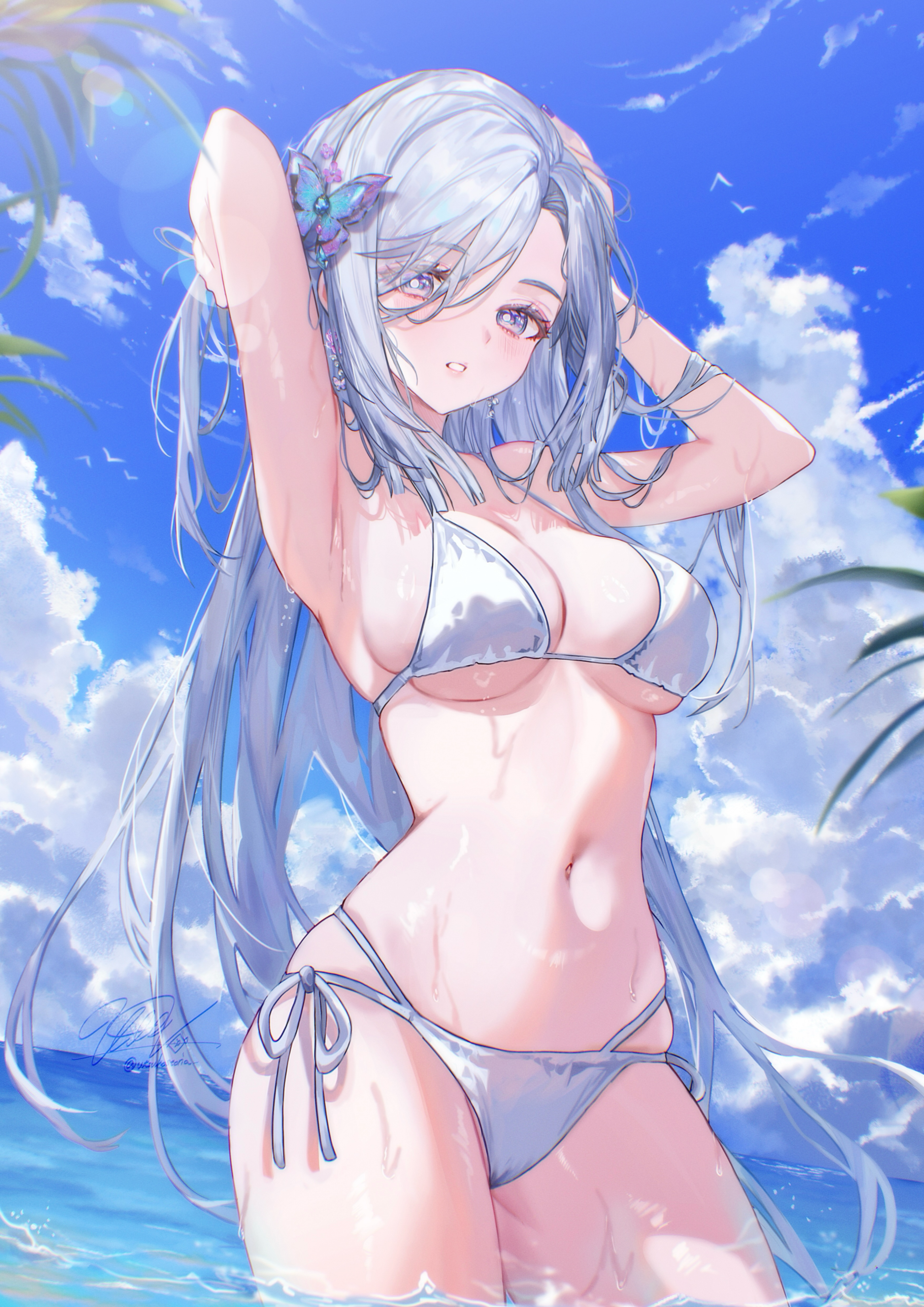 Anime 2800x3959 Genshin Impact swimwear portrait display long hair Shenhe (Genshin Impact) water standing in water white bikini huge breasts women outdoors armpits hair over one eye cleavage white swimsuit gray hair hands in hair parted lips gray eyes hair ornament Utsuhostoria sunlight alternate costume wet wet body belly button signature arms up cumulus clouds horizon thighs purple eyes sky anime girls skindentation
