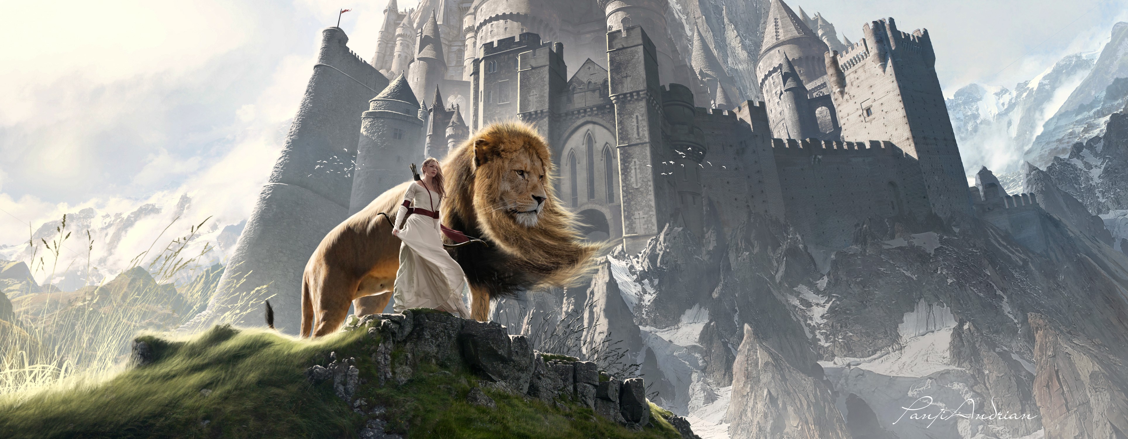 General 3856x1500 The Chronicles of Narnia animals lion movies fantasy castle women archer big cats artwork DeviantArt mountains