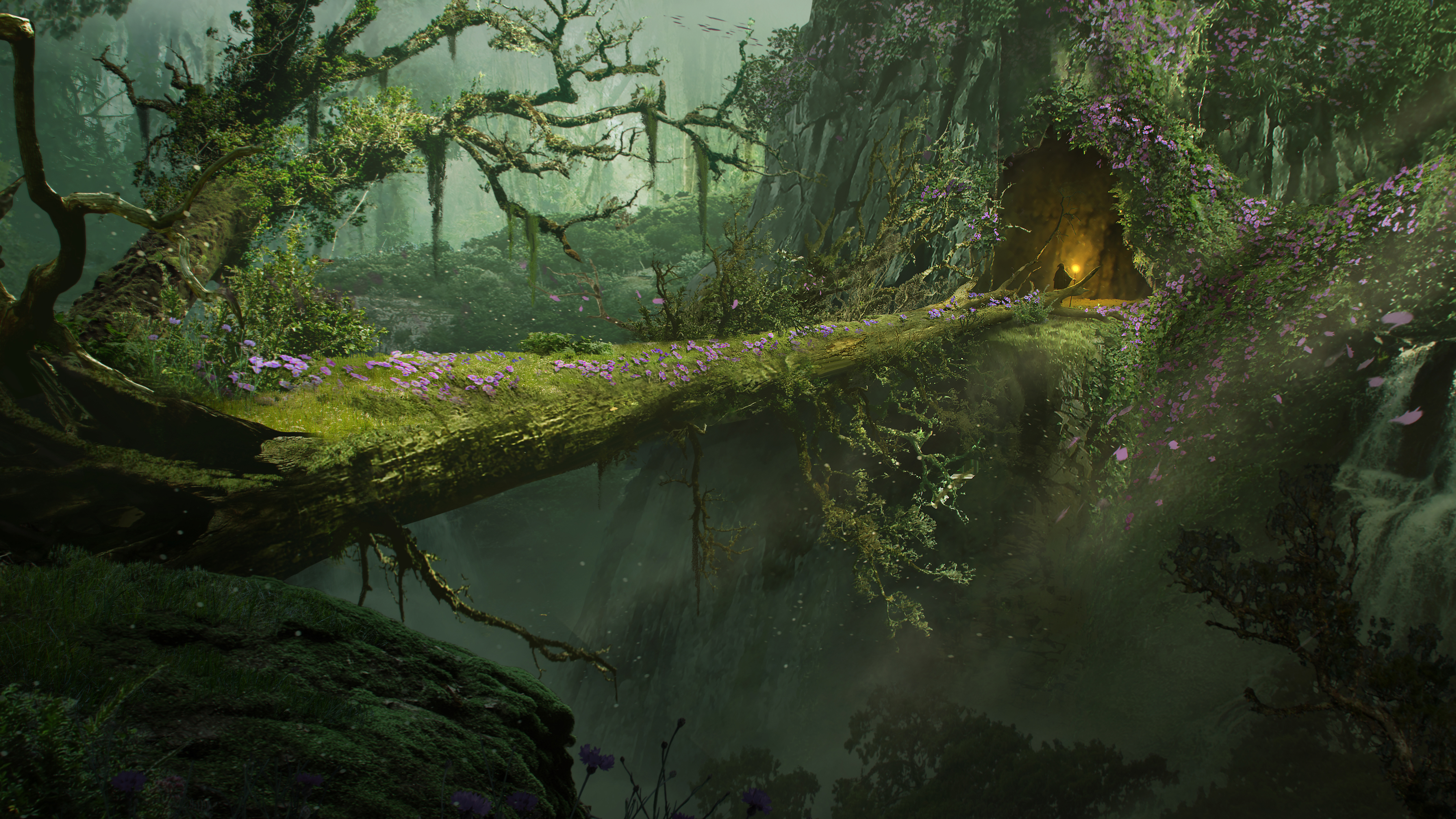 General 5120x2880 Ashes of Creation trees mist fire flowers moss Figure Fantasy waterfall digital art cave green branch