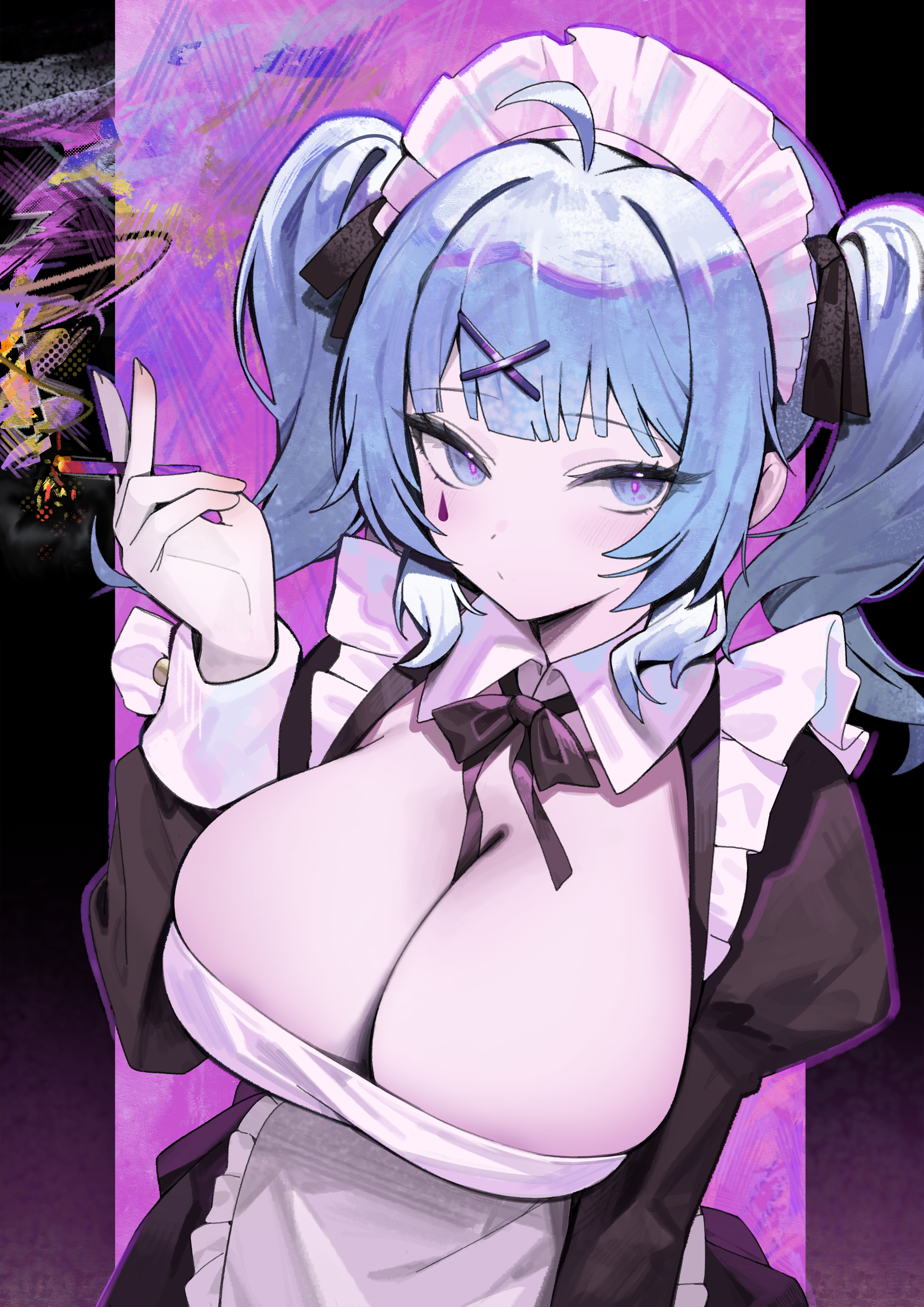 Anime 2944x4165 anime anime girls Vocaloid Hatsune Miku NOGONG huge breasts cleavage looking at viewer portrait display twintails blue hair blue eyes headdress long sleeves hair ribbon hair clip hair ornament cigarettes smoking maid outfit maid bow tie frills ahoge apron bangs