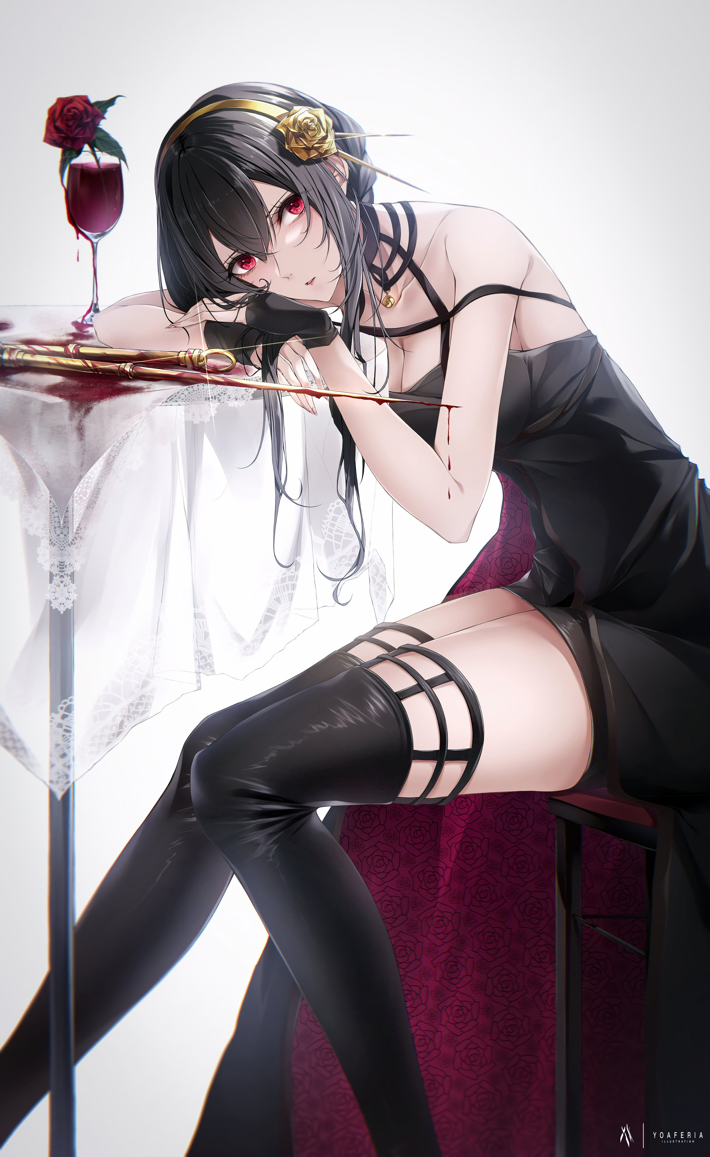 Anime 2394x3900 anime anime girls Yor Forger Spy x Family red eyes stockings black hair wine glass rose wine