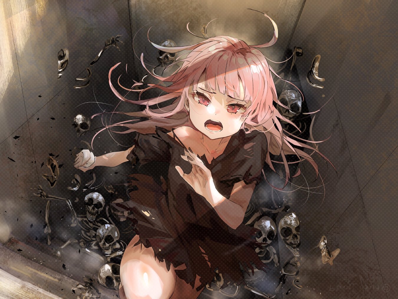Anime 1351x1014 Mori Calliope Hololive English Hololive pink hair skull and bones Virtual Youtuber anime girls stairs red eyes