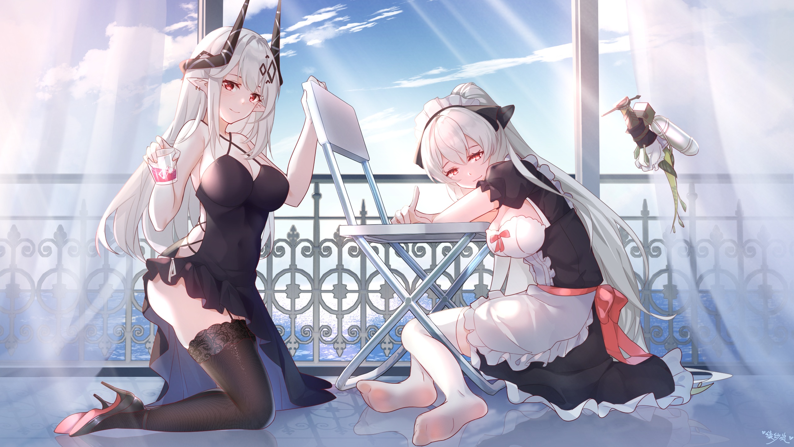 Anime 2560x1440 anime anime girls maid maid outfit horns pointy ears red eyes white hair stockings kneeling Mudrock (Arknights) Weedy (Arknights)