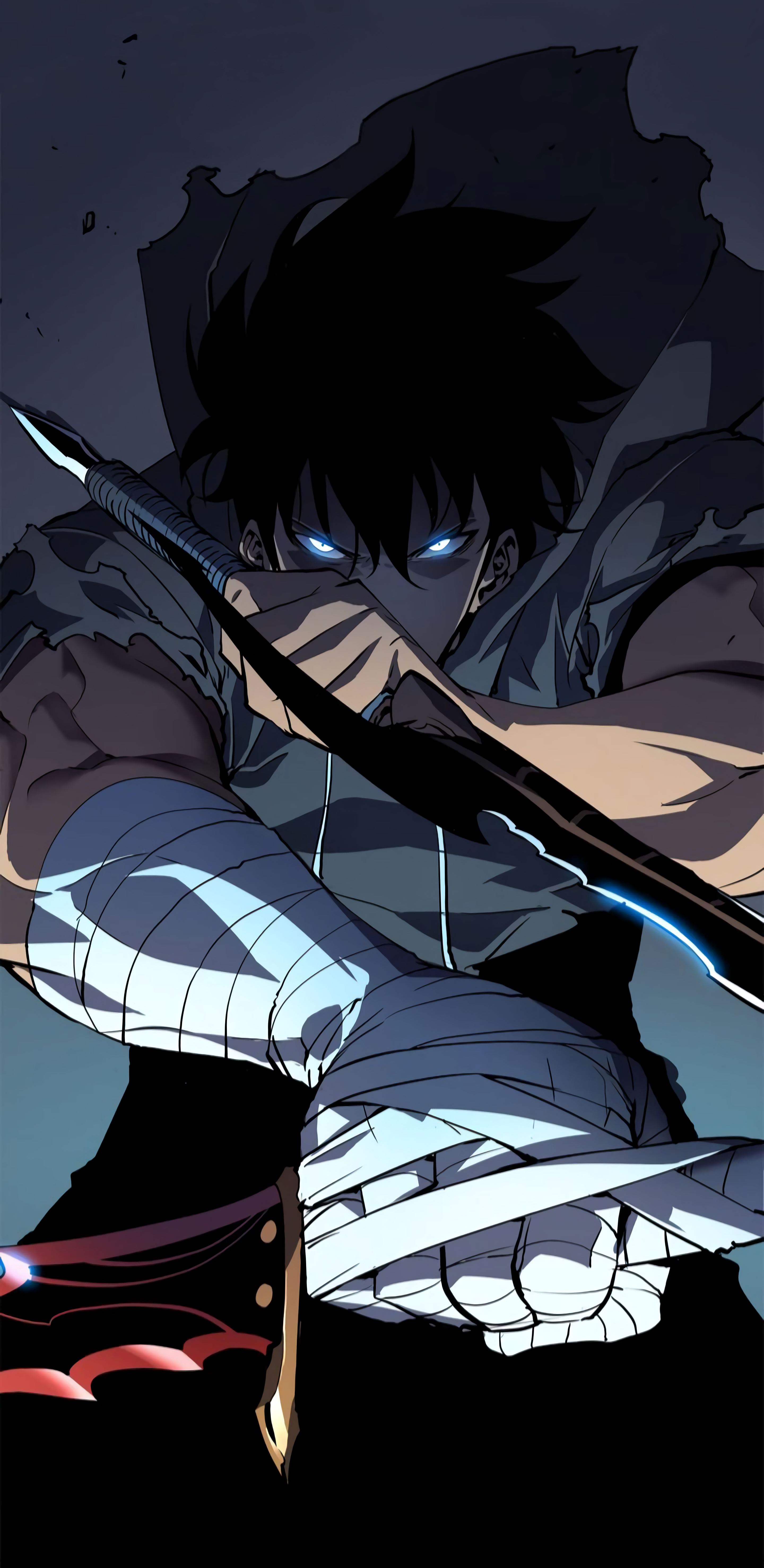 Anime 2880x5916 Solo Leveling looking at viewer dagger glowing eyes warrior Sung Jin Woo blue webtoon anime boys weapon