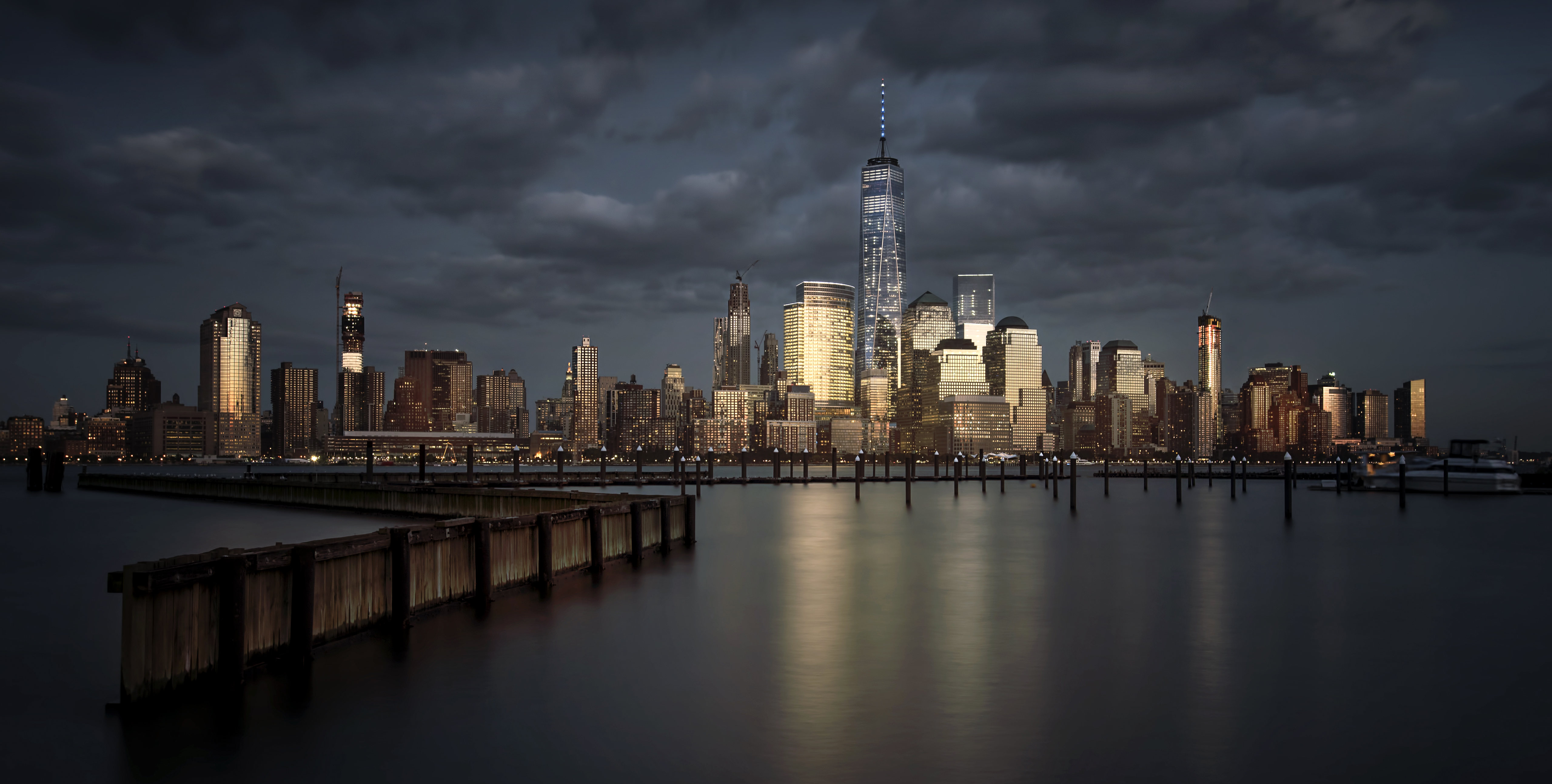 General 5119x2587 city night New York City USA Manhattan skyscraper One World Trade Center city lights water clouds sky