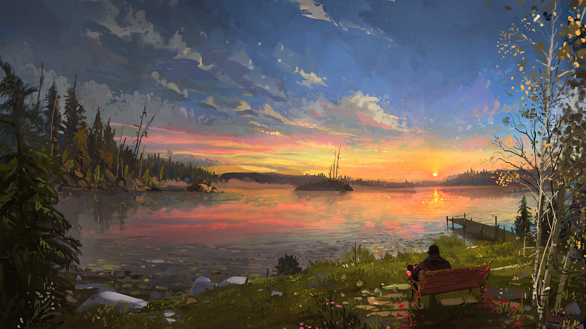 General 1920x1080 Ismail Inceoglu landscape sunset nature bench water clouds sky