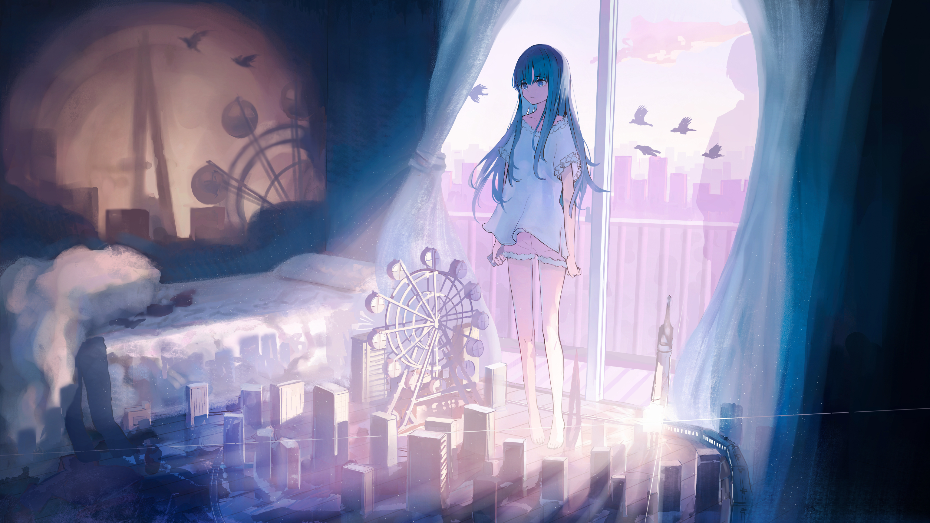 Anime 3072x1728 standing blue hair long hair ferris wheel miniatures anime girls glass door cityscape building curtains birds city sunlight sky white shirt legs blue eyes short sleeves pink shorts shorts holding phone phone clouds bedroom balcony barefoot original characters frown