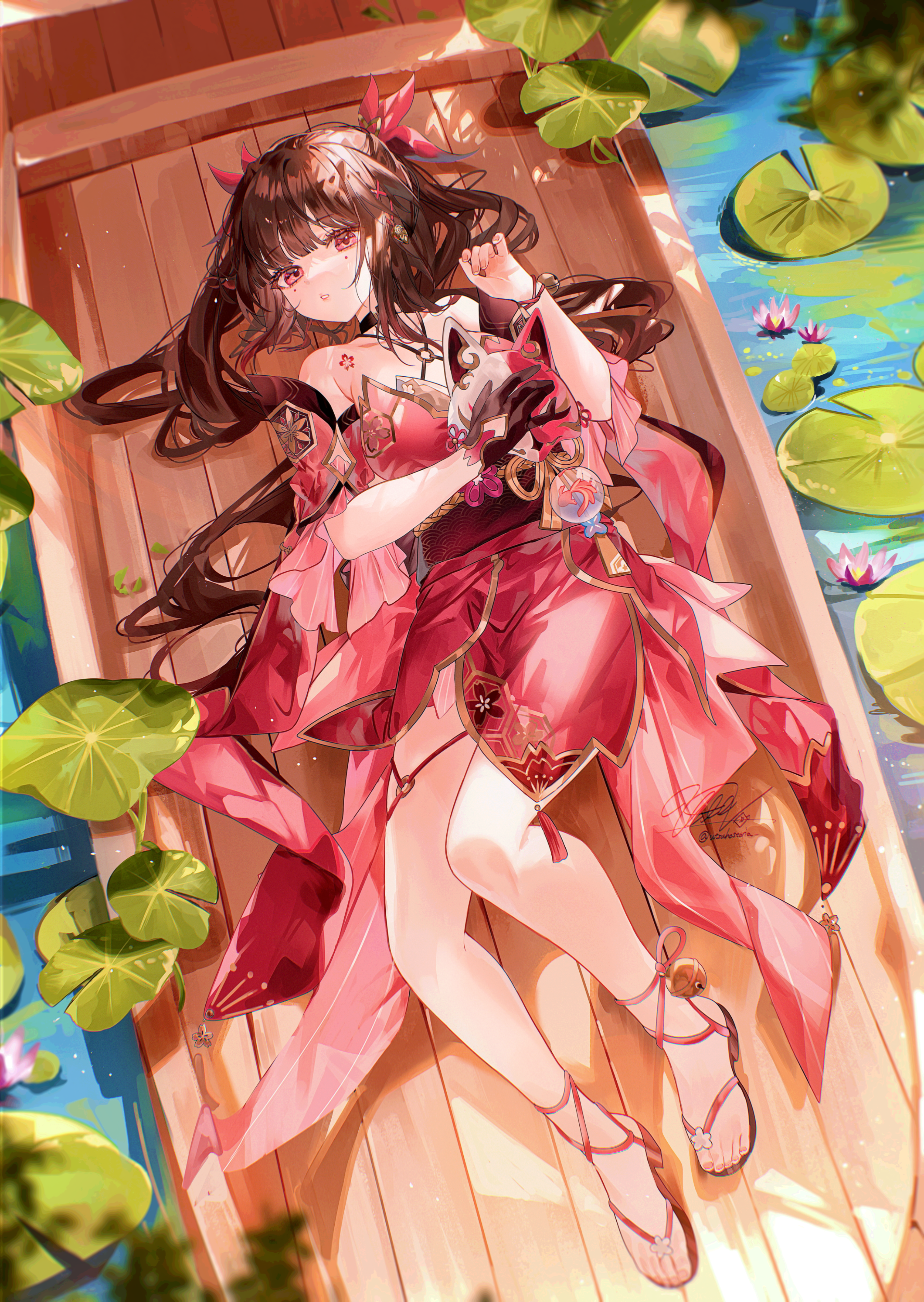 Anime 2700x3802 Honkai: Star Rail brunette portrait display twintails Sparkle (Honkai: Star Rail) red dress Utsuhostoria looking at viewer long hair water lilies bare shoulders women outdoors red eyes high angle missing glove lying on back fox mask water dress canoes