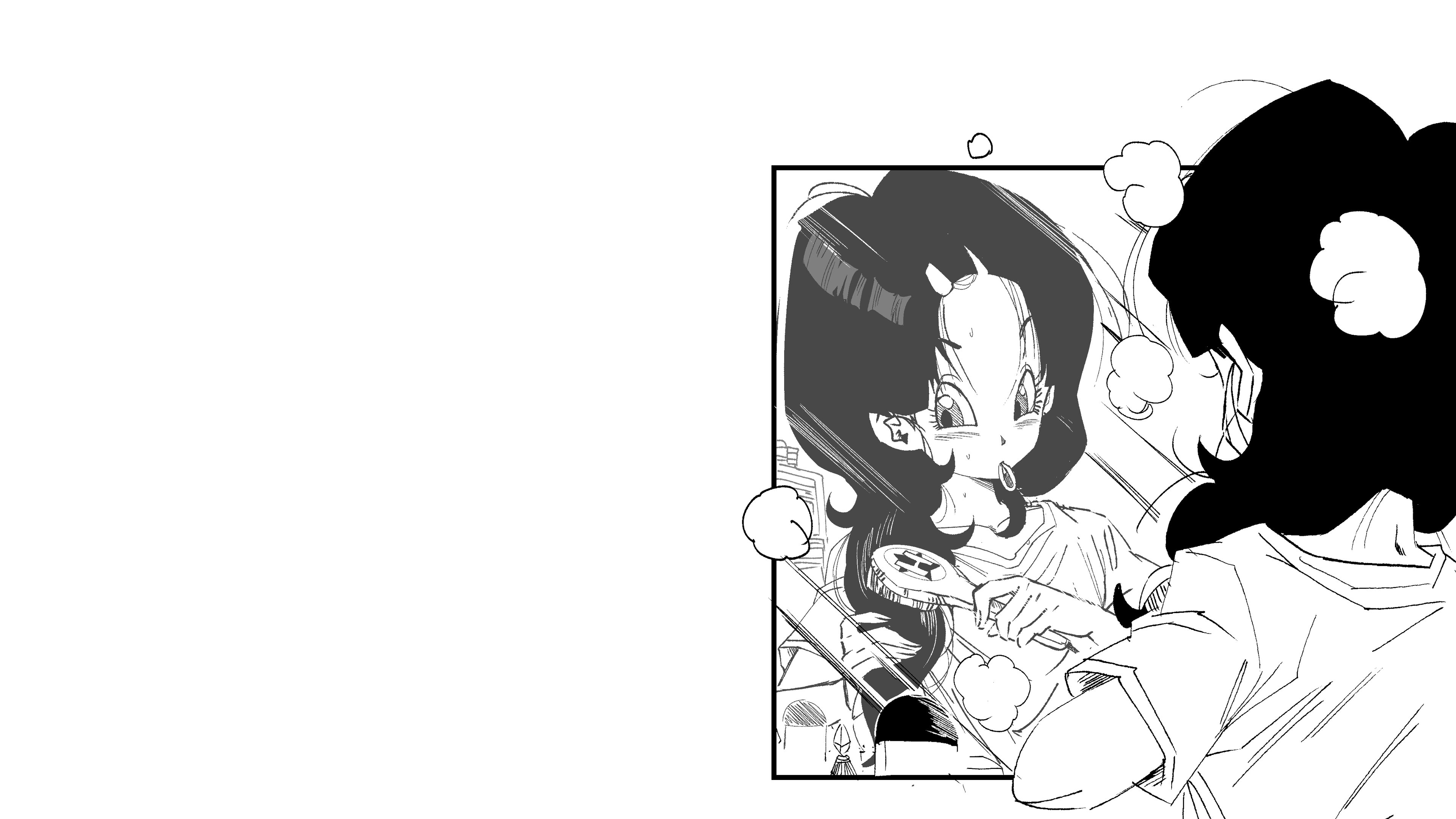 Anime 3840x2160 anime girls black hair dark hair Dragon Ball Dragon Ball Z Videl mirror mirrored white shirt hair ornament white background brush long hair reflection anime simple background fenyo_n