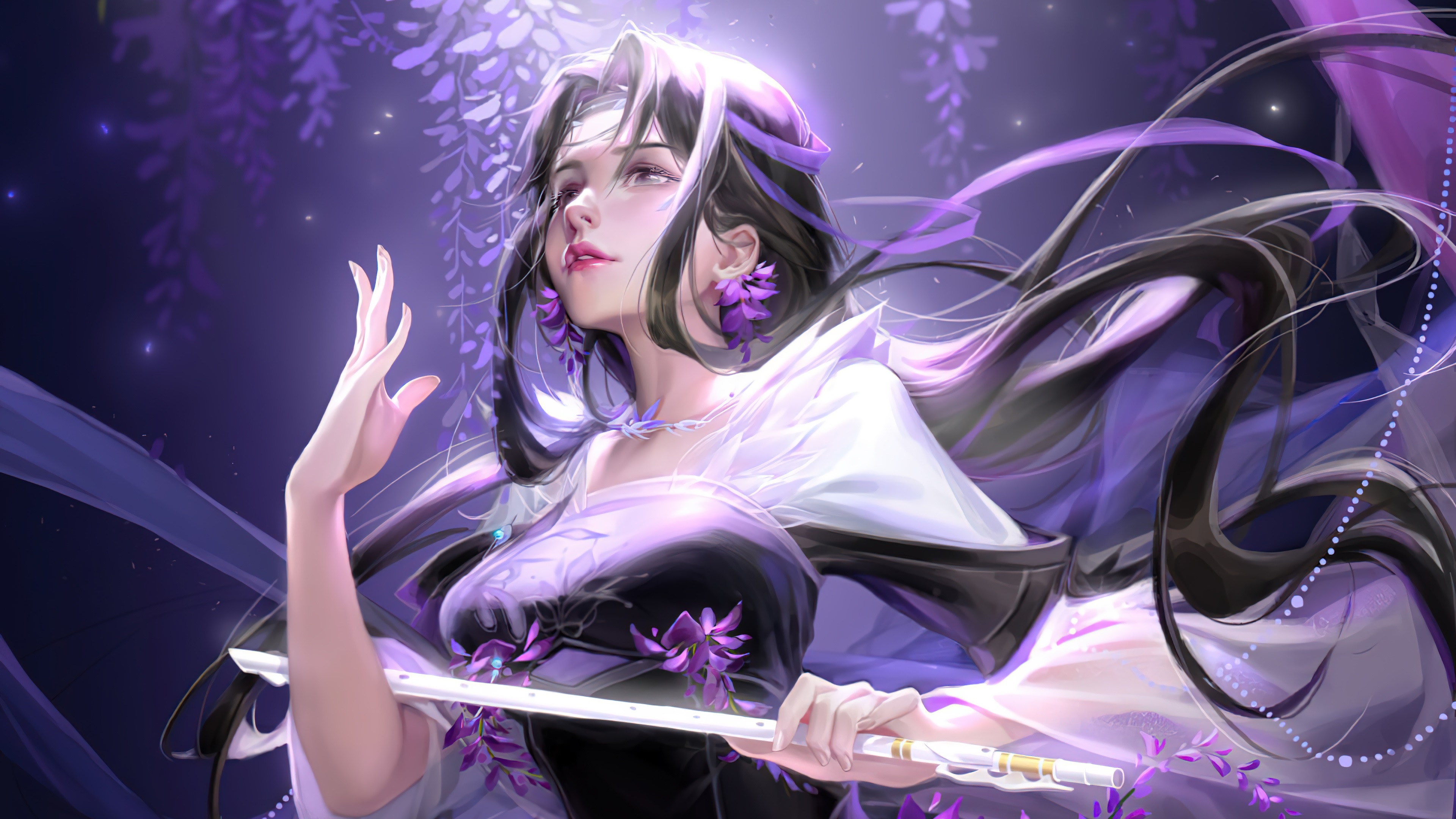 Anime 3840x2160 digital art purple flowers purple weapon hairband AI art