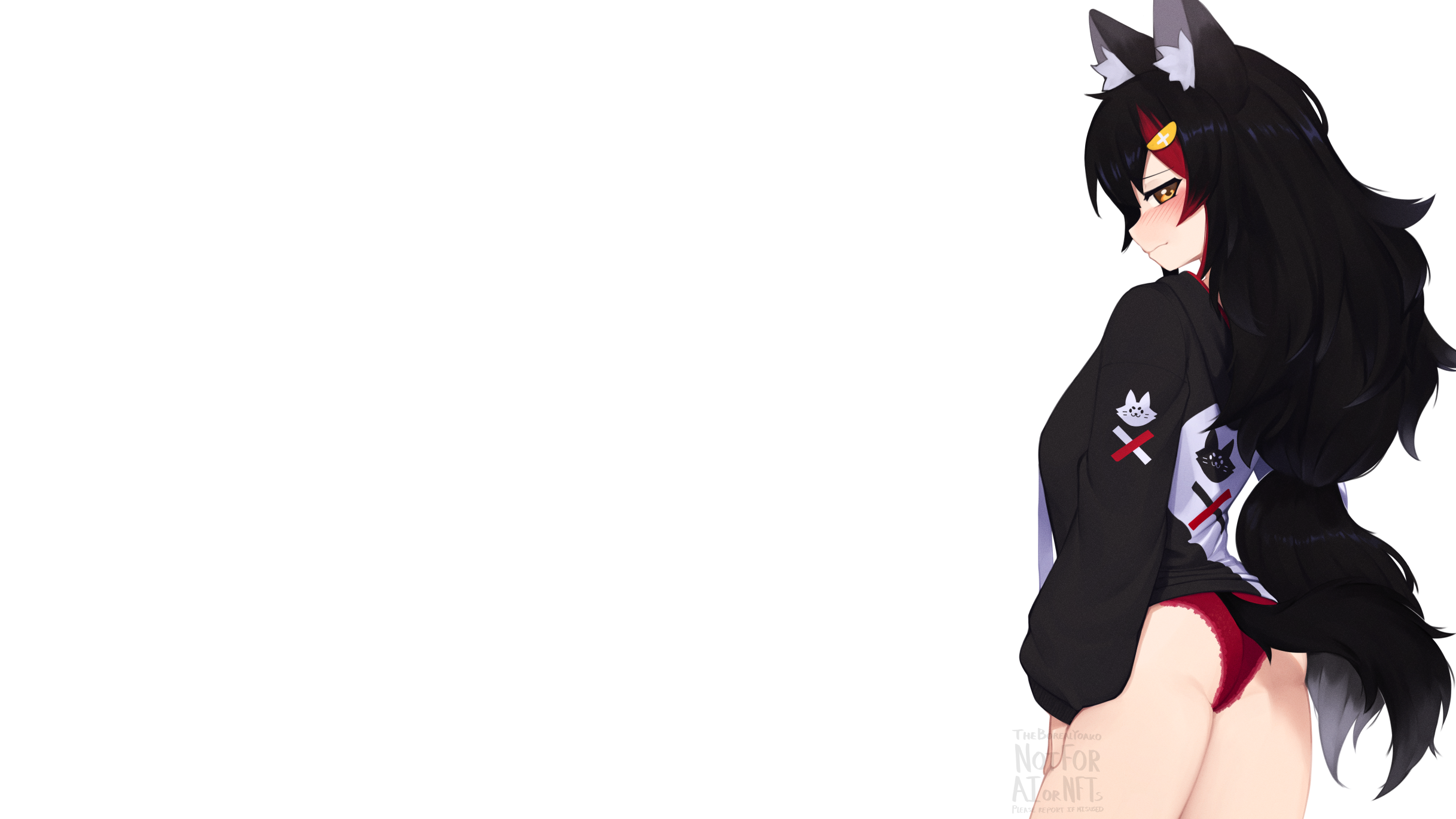 Anime 2434x1369 Ookami Mio Hololive red panties arched back blushing looking back two tone hair standing looking over shoulder ass anime girls long sleeves Virtual Youtuber panties closed mouth long hair yellow eyes hair clip Yoako jacket wolf girls wolf ears wolf tail