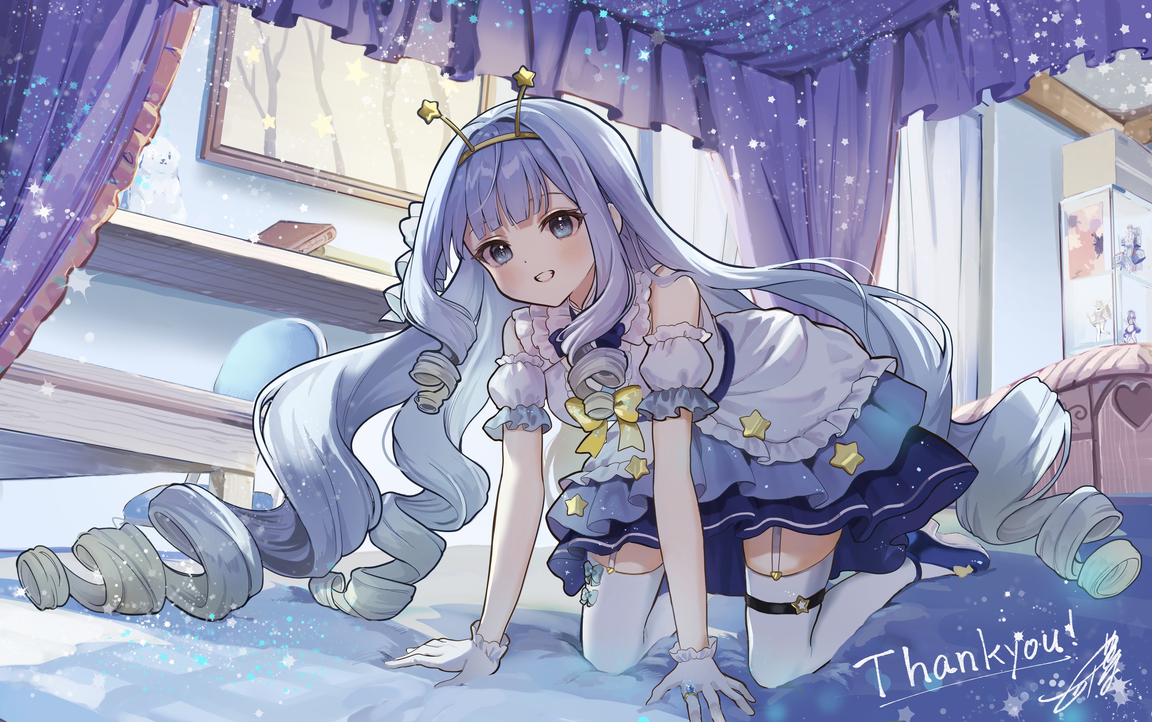 Anime 4000x2508 Jelly Hoshiumi anime girls blue hair Phase Connect looking at viewer gloves white gloves thigh-highs white thigh highs in bed garter straps long hair parted lips blue eyes drill hair women indoors bare shoulders stars signature thigh strap window thighs bed dress blushing frills