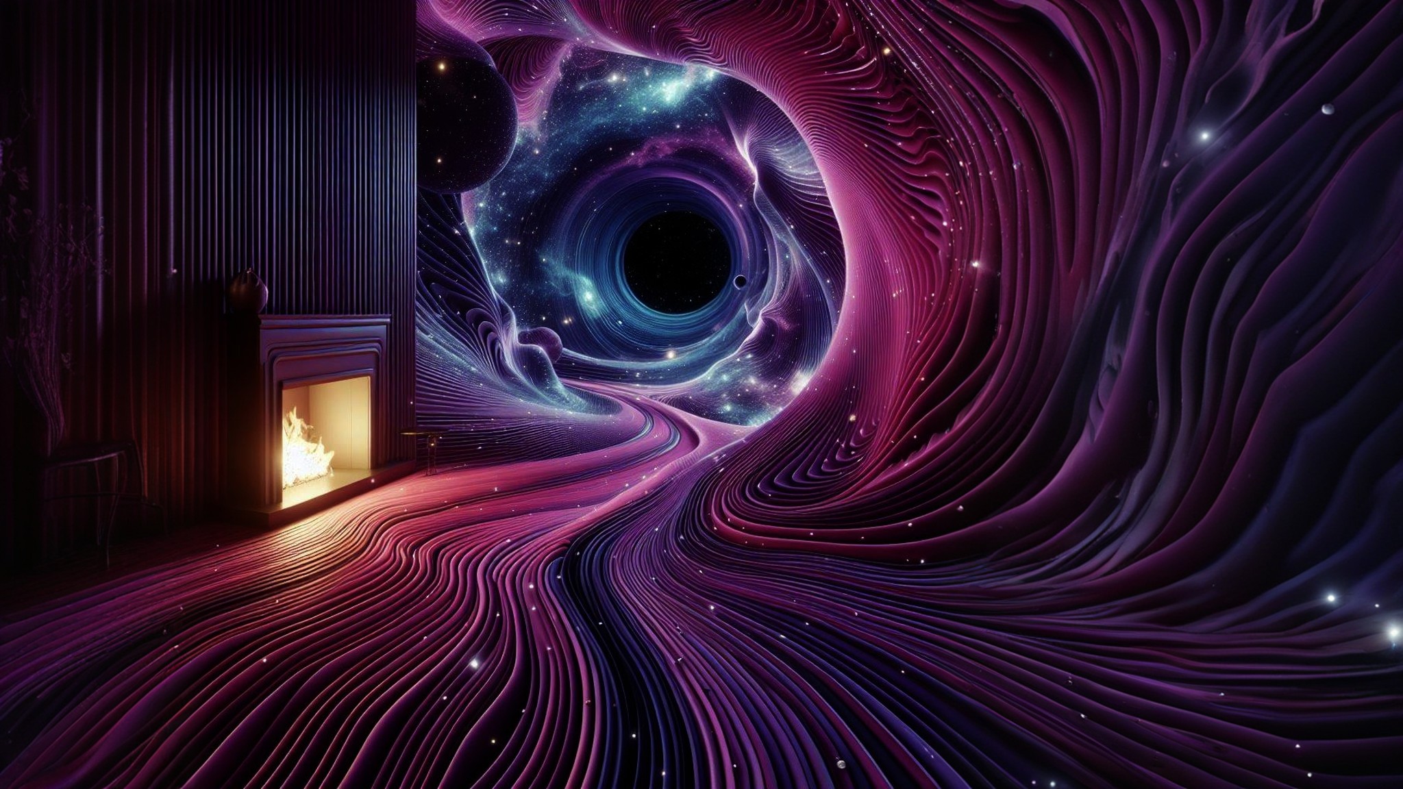 General 2048x1152 AI art digital art wormhole purple glow violet (color) fantasy art swirls science fiction planet night futuristic fireplace space