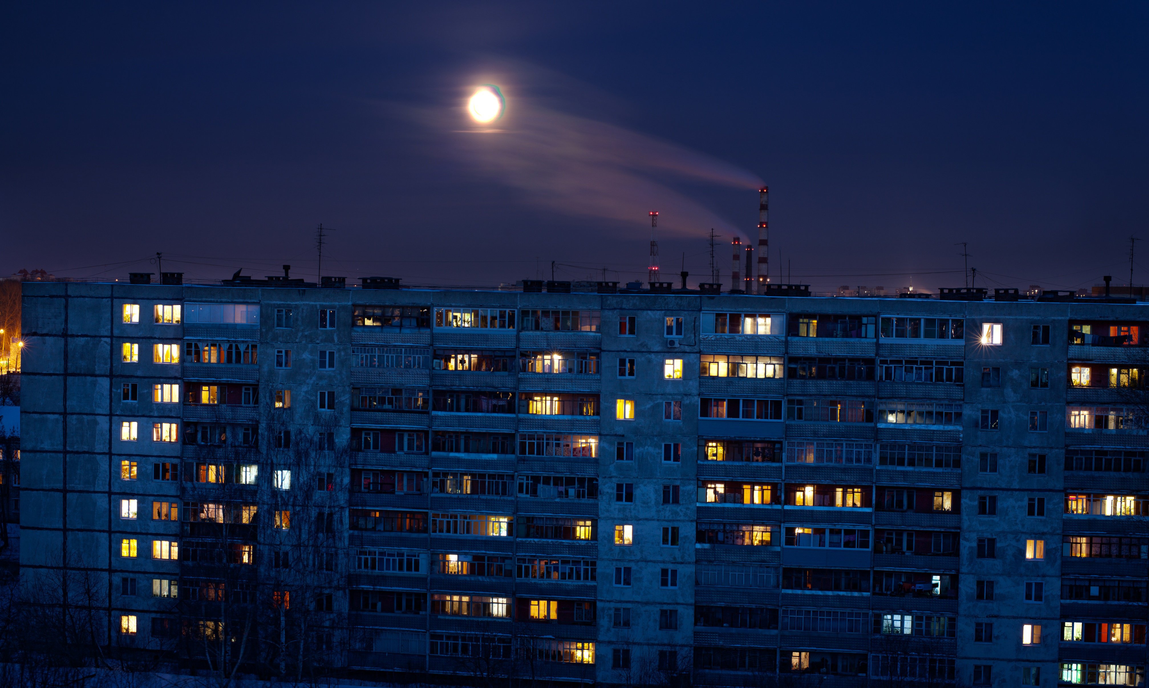 General 4029x2413 night sky building Russia block of flats apartments lights city lights moonlight Moon