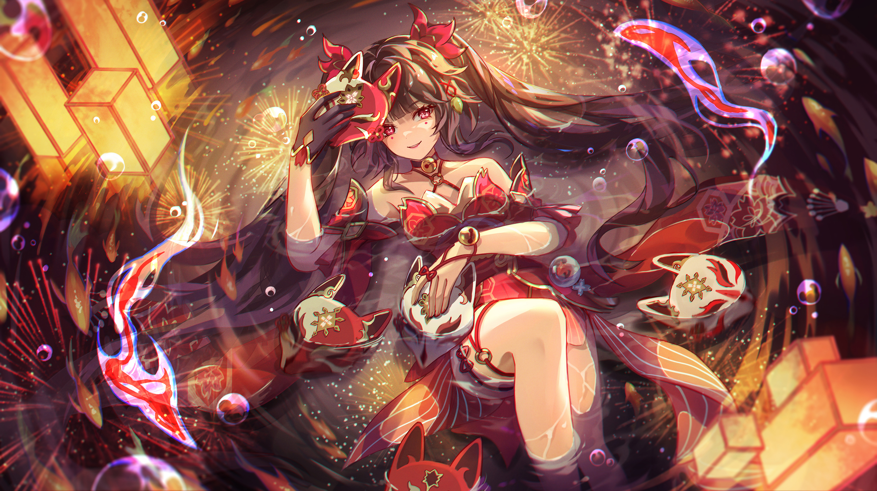 Anime 3000x1679 anime games anime girls Sparkle (Honkai: Star Rail) twintails Honkai: Star Rail Jessica Wijaya smiling missing glove black gloves gloves looking at viewer lying down lying on back long hair shallow water parted lips brunette Japanese clothes sash fireworks lantern fox mask water drops collarbone animals fish anime water
