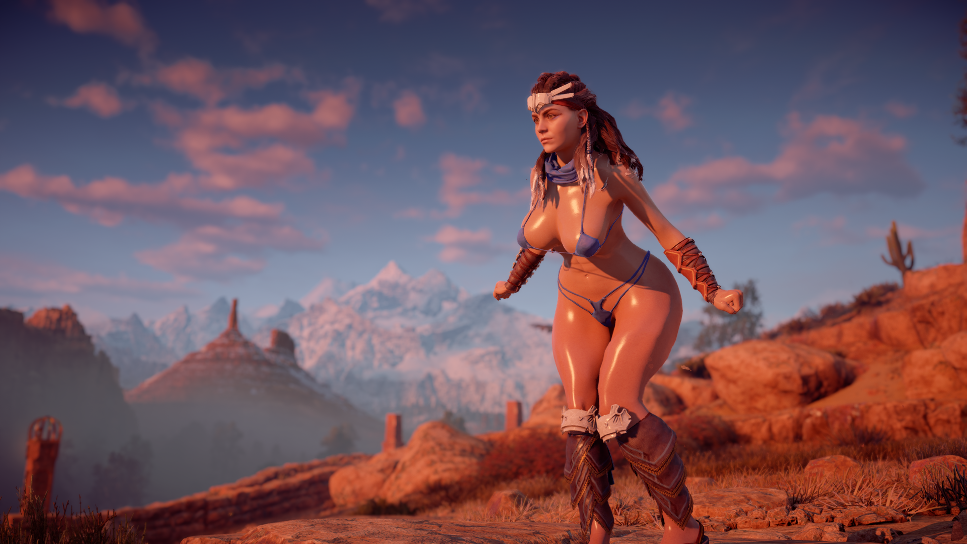 General 1920x1080 Aloy Horizon: Zero Dawn screen shot curvy depth of field bikini video game characters CGI video game girls standing video game art clouds looking away natural light video games big boobs long hair brunette mountains thick body sky closed mouth fist