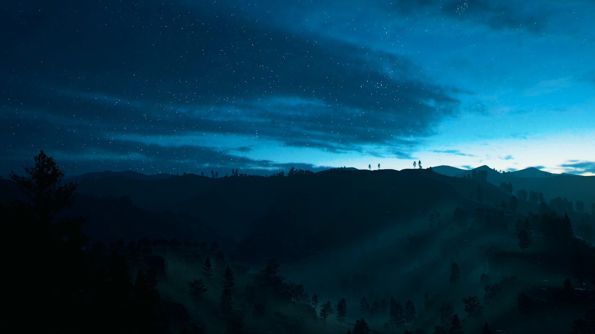 General 1920x1080 video games Forza Forza Horizon 5 sky stars fog hills trees dark night blue landscape Turn 10 Studios PlaygroundGames Xbox Game Studios
