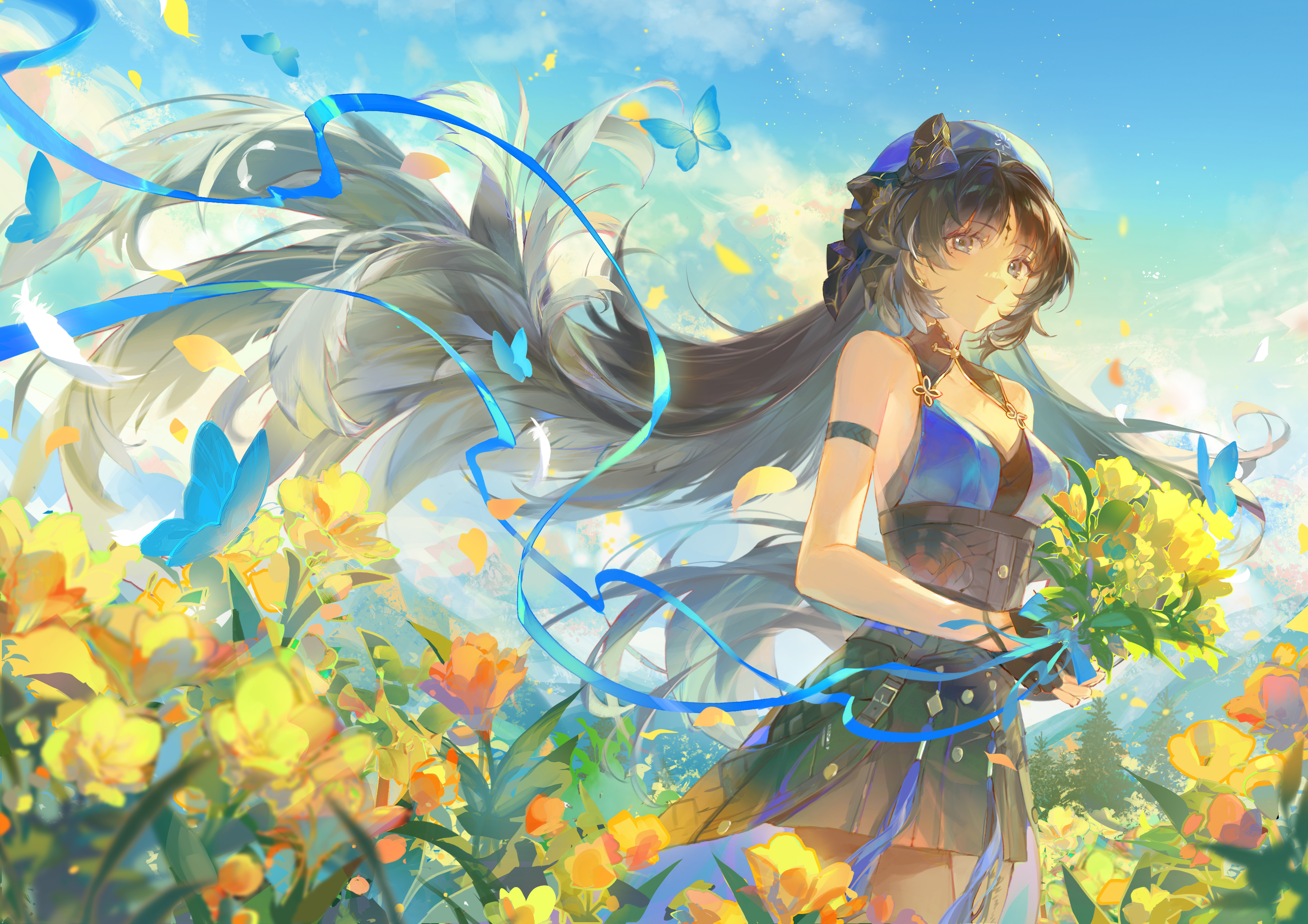 Anime 3508x2480 Wuthering Waves flowers looking back long hair Yangyang (Wuthering Waves) blue butterflies smiling women outdoors field BLACKmeow blue ribbons butterfly petals sky anime girls standing