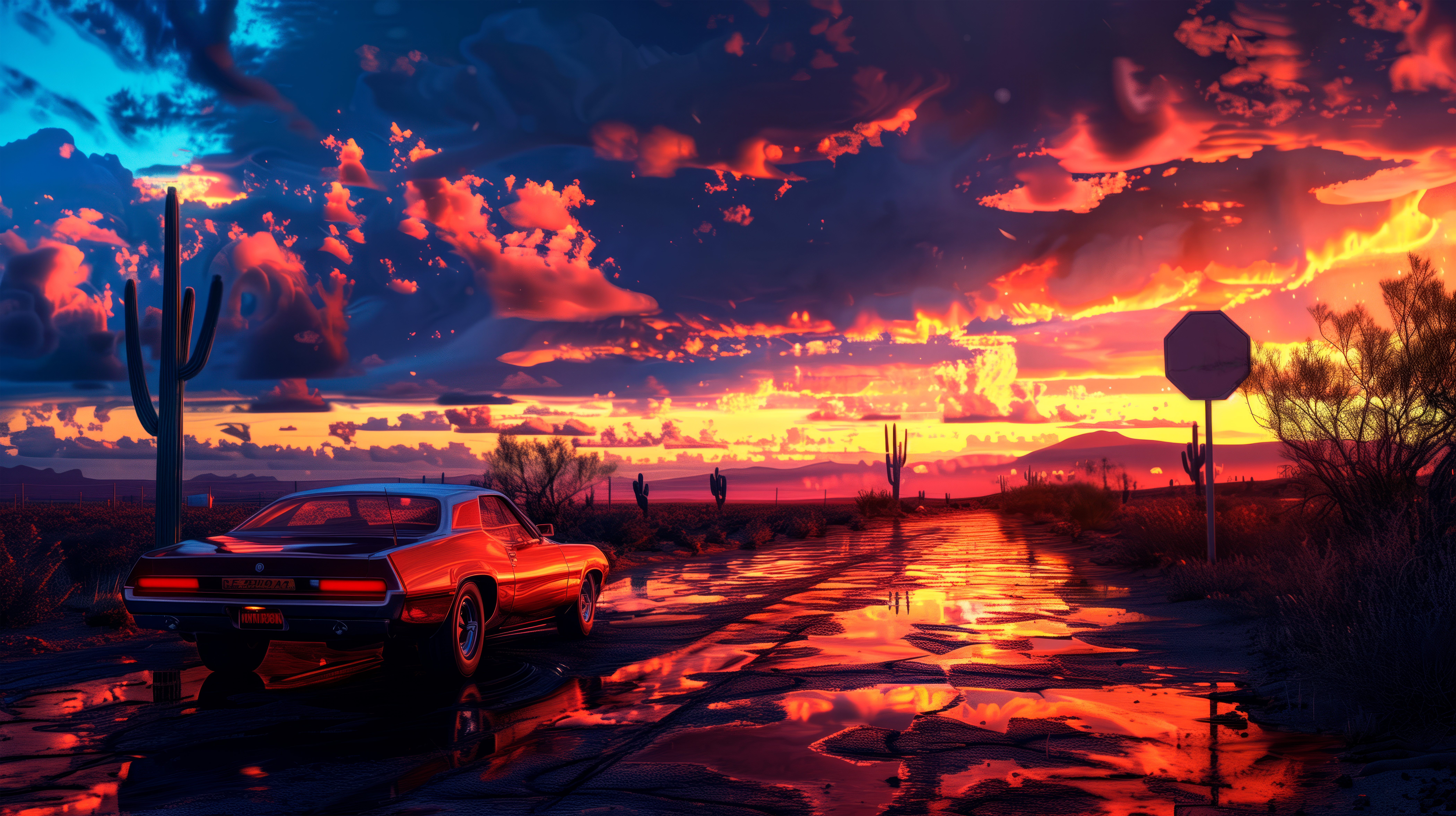 General 8401x4708 illusion car sunset nature road clouds road sign driving AI art cactus sky sunset glow sunlight path licence plates rear view taillights vehicle