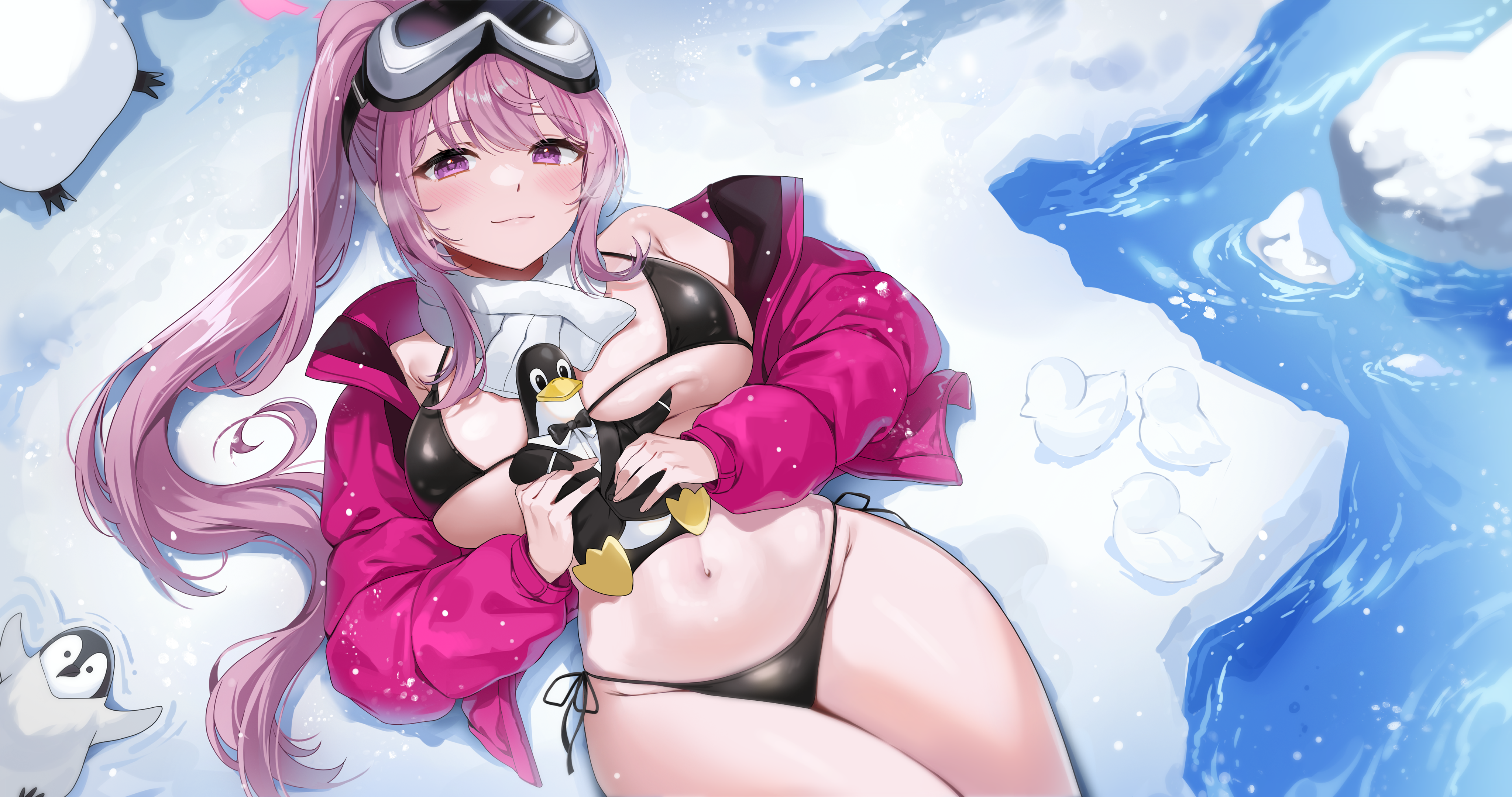 Anime 4096x2160 Izumimoto Eimi Blue Archive anime Pixiv anime games anime girls big boobs bikini snow blushing smiling Tux penguins Ski Goggles scarf overcoats