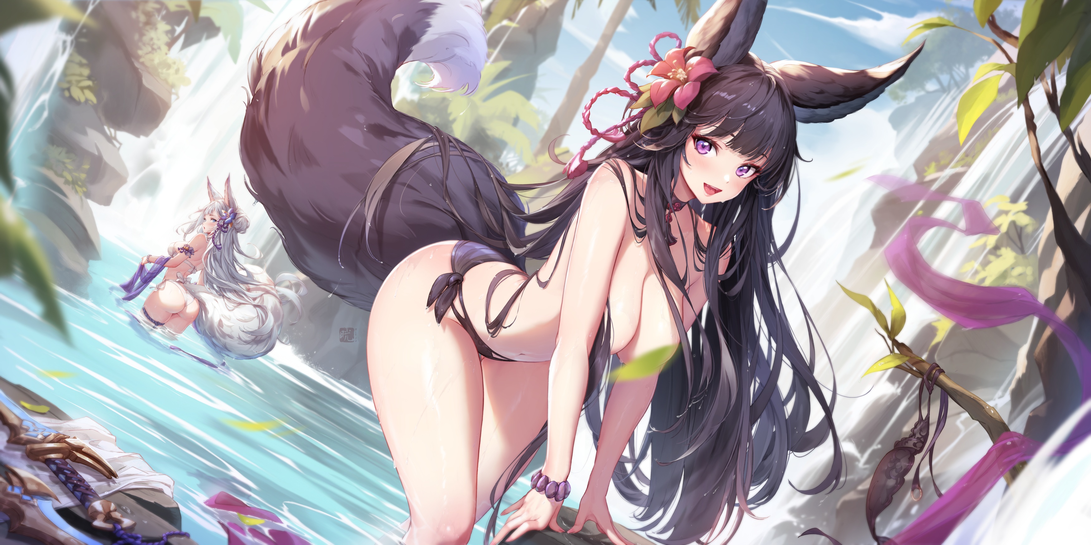 Anime 3500x1750 Granblue Fantasy water Yuel (Granblue Fantasy) Socie (Granblue Fantasy) looking at viewer bikini thighs standing in water animal ears flower in hair waterfall bikini bottoms big boobs hair ornament women outdoors smiling strategic covering Mitsu tail ass flowers two women hibiscus topless swimwear sky long hair