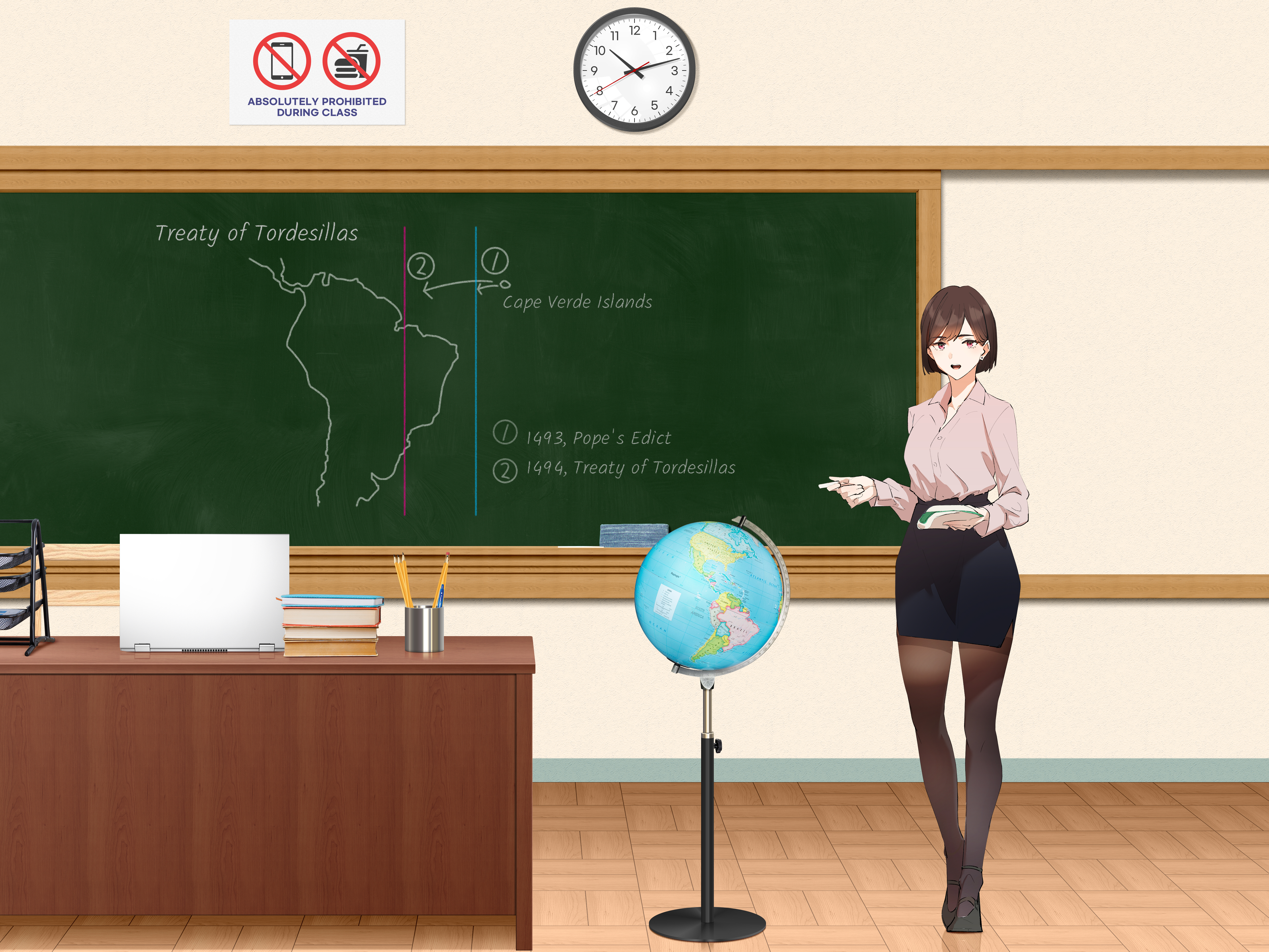 Anime 5200x3900 classroom desk teachers world history globes looking at viewer anime girls chalkboard clocks time pencils brunette purple eyes open mouth short hair long sleeves pantyhose brown pantyhose books