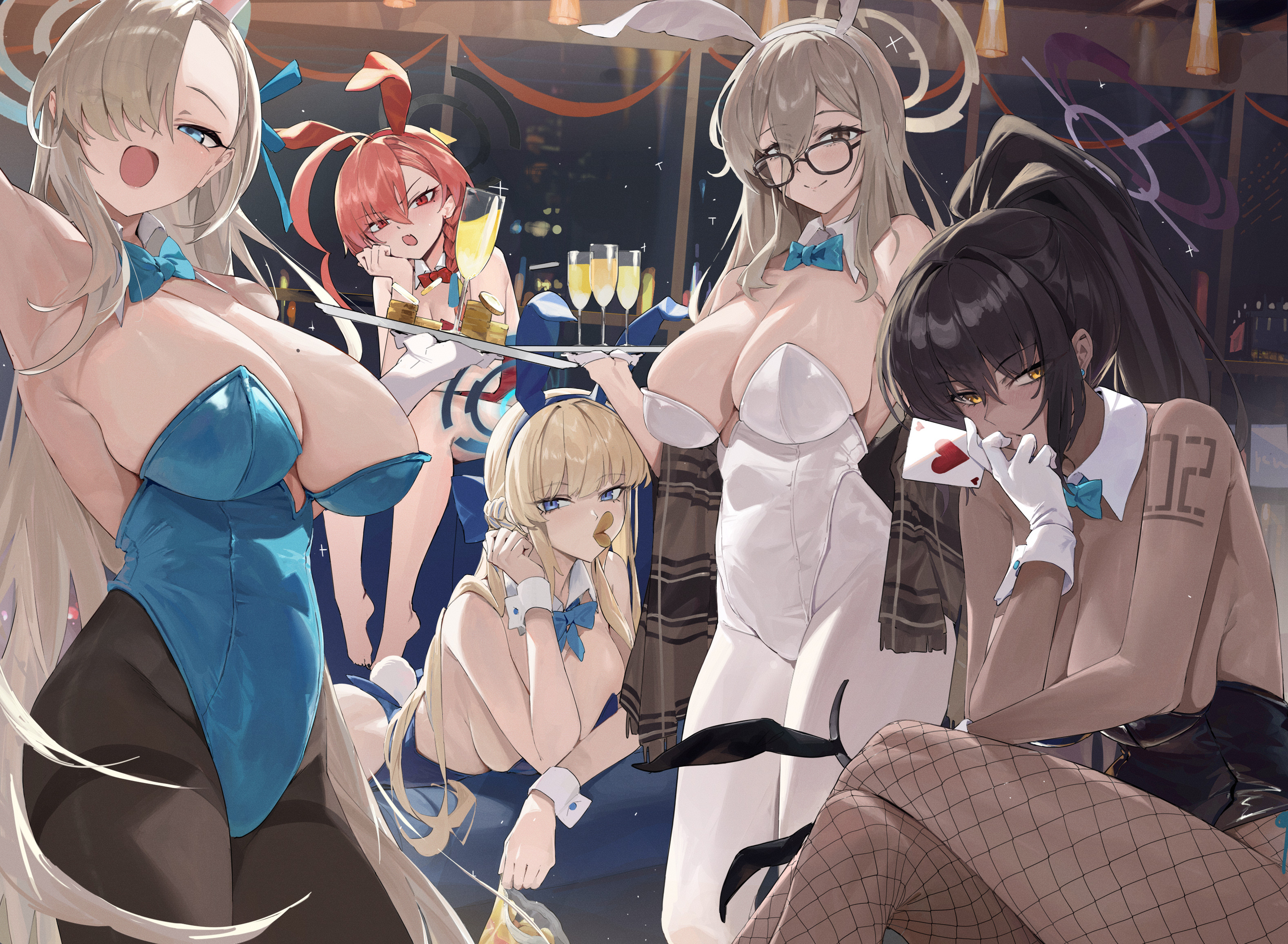 Anime 3155x2313 Blue Archive bunny suit bunny girl huge breasts Asuna Ichinose leotard Mikamo Neru bunny ears Asuma Toki (Blue Archive) Murokasa Akane fishnet Kakudate Karin cleavage group of women bow tie legs crossed Lemoneko women indoors armpits looking at viewer cards strapless leotard moles pantyhose mole on breast hair over one eye drink champagne gold coins anime hair between eyes anime girls blue leotard black leotard white leotard open mouth closed mouth