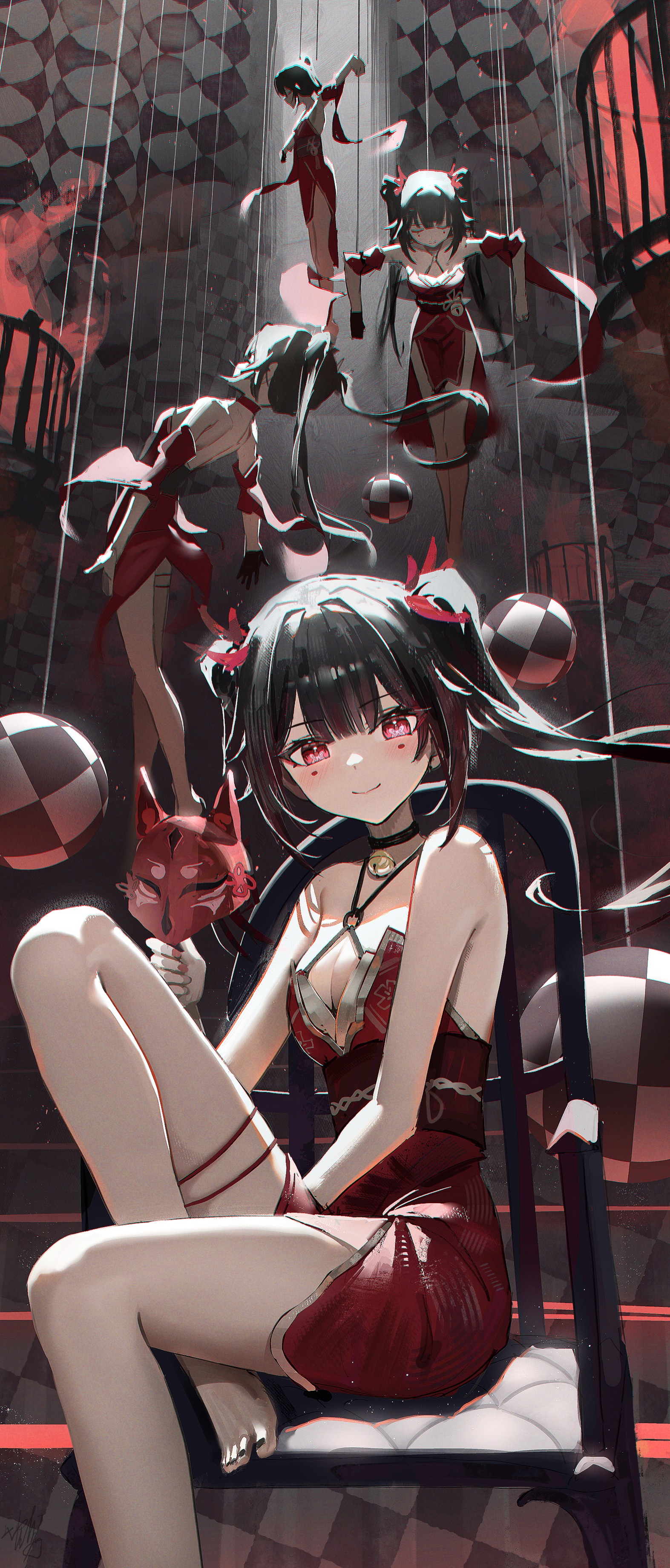 Anime 1573x3680 anime games anime girls Sparkle (Honkai: Star Rail) Honkai: Star Rail anime Hidulume sitting looking at viewer smiling portrait display long hair closed mouth bent legs bare shoulders strings puppets fox mask checkered Marionettes chair choker bells missing glove black gloves gloves barefoot