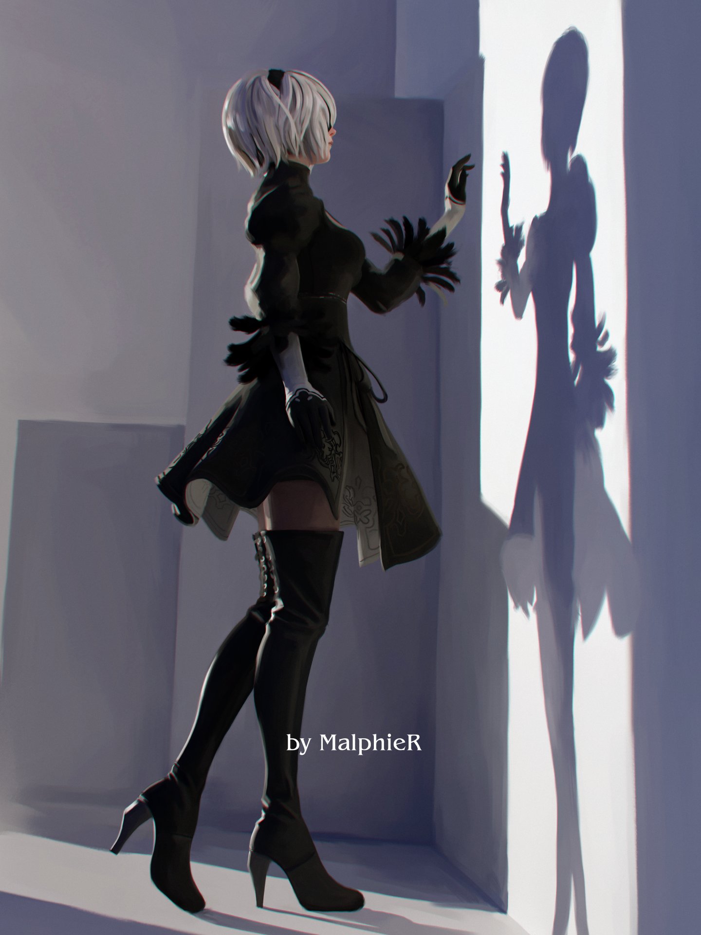 General 1440x1920 Caucasian white hair short hair thigh high boots 2B (Nier: Automata) Nier: Automata artwork Realism video games video game characters Square Enix Malphier high heeled boots shadow Platinum games standing leather gloves side view feather-trimmed sleeves leather boots skinny video game girls headband two tone gloves