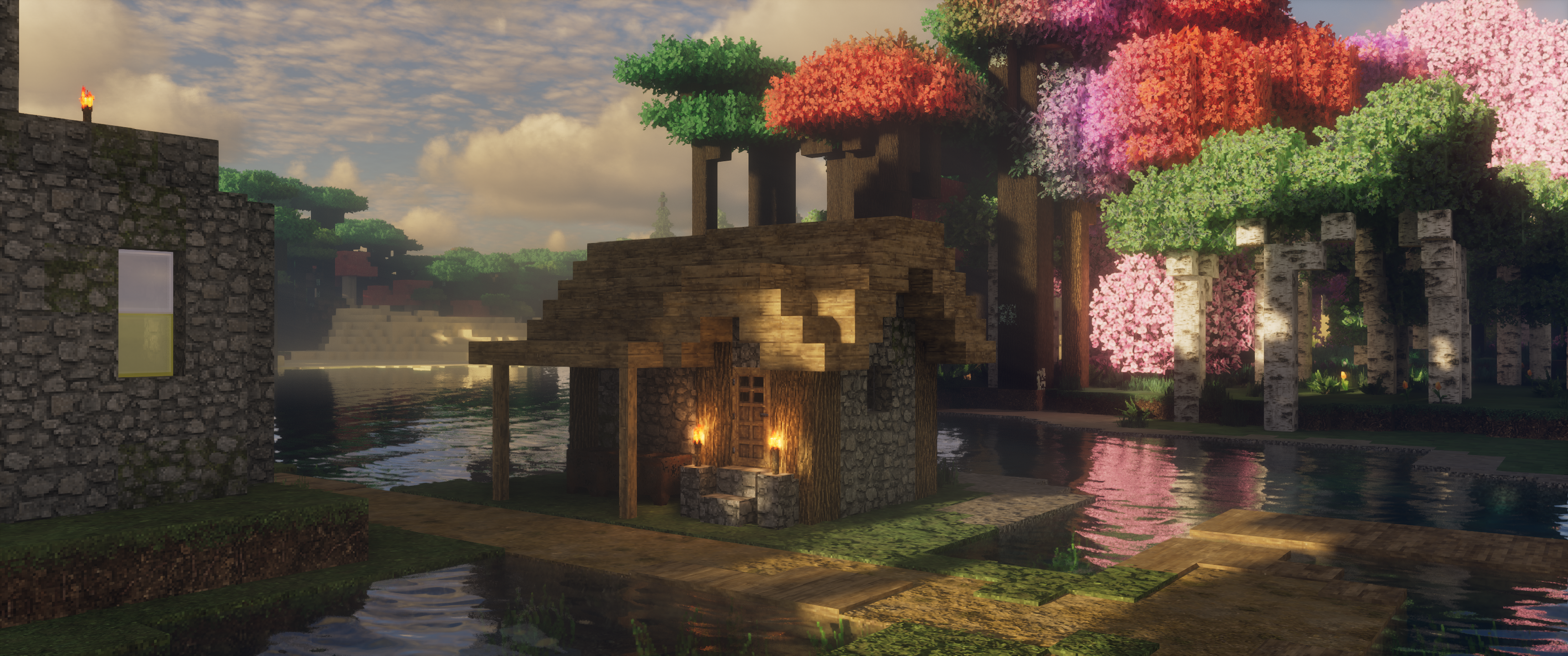 General 3440x1440 Minecraft shaders house video games video game landscape Mojang