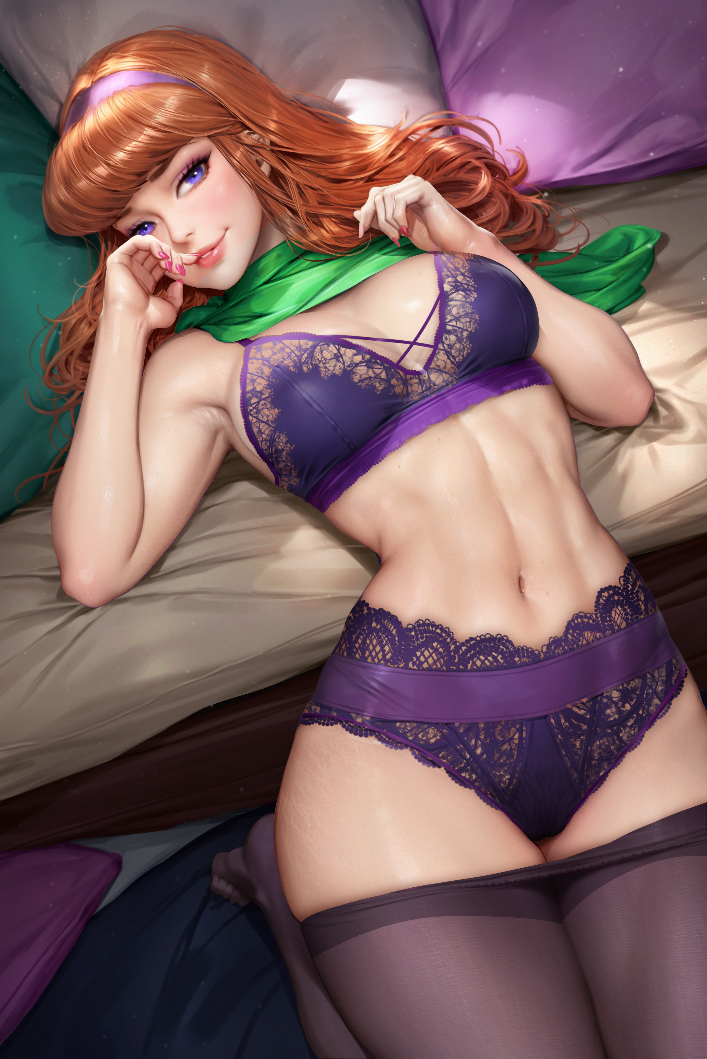 General 2400x3597 Daphne Blake Scooby-Doo fictional character redhead animated character 2D artwork drawing fan art NeoArtCorE (artist) black thigh-highs kneeling bent legs high angle thighs together indoors frontal view top view parted lips long hair sensual gaze armpits belly button purple lingerie