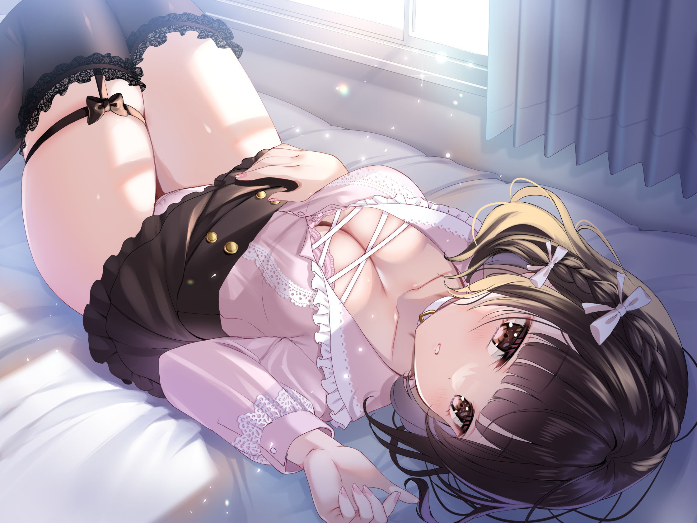 Anime 2240x1680 Koyama Sao lying down lying on back stockings dark hair parted lips looking at viewer in bed in bedroom thigh strap black stockings thighs upskirt black thigh-highs white underwear panties white panties underwear big boobs women indoors cleavage hair ornament black skirts short hair hair ribbon pink tops long sleeves choker
