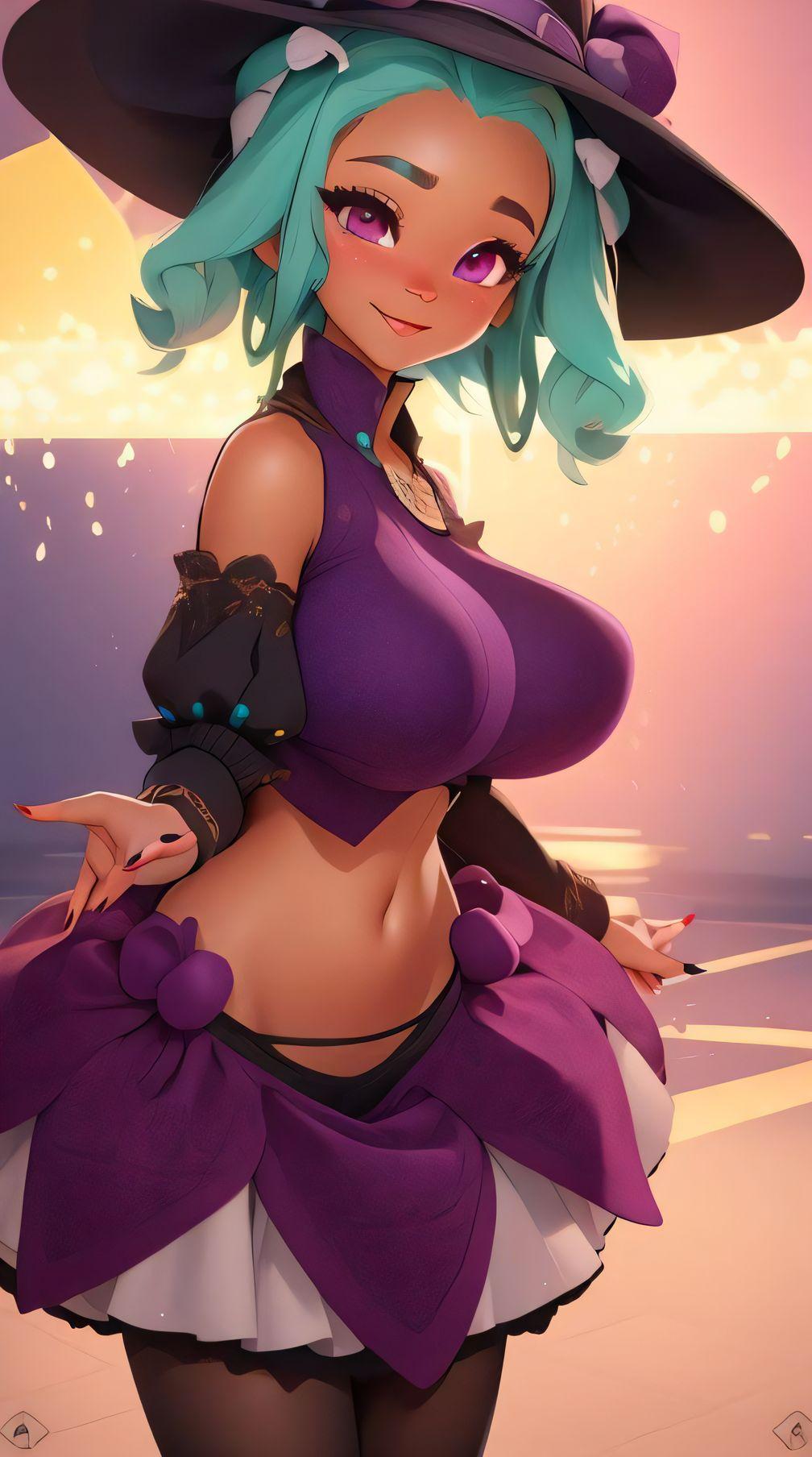 Anime 1008x1808 Ruby RoseHeart original characters witch realistic beach sunset skirt AI art big boobs portrait display looking at viewer smiling bare shoulders standing outdoors women outdoors purple eyes blue hair sunset glow slim body closed mouth skinny frills arms reaching digital art