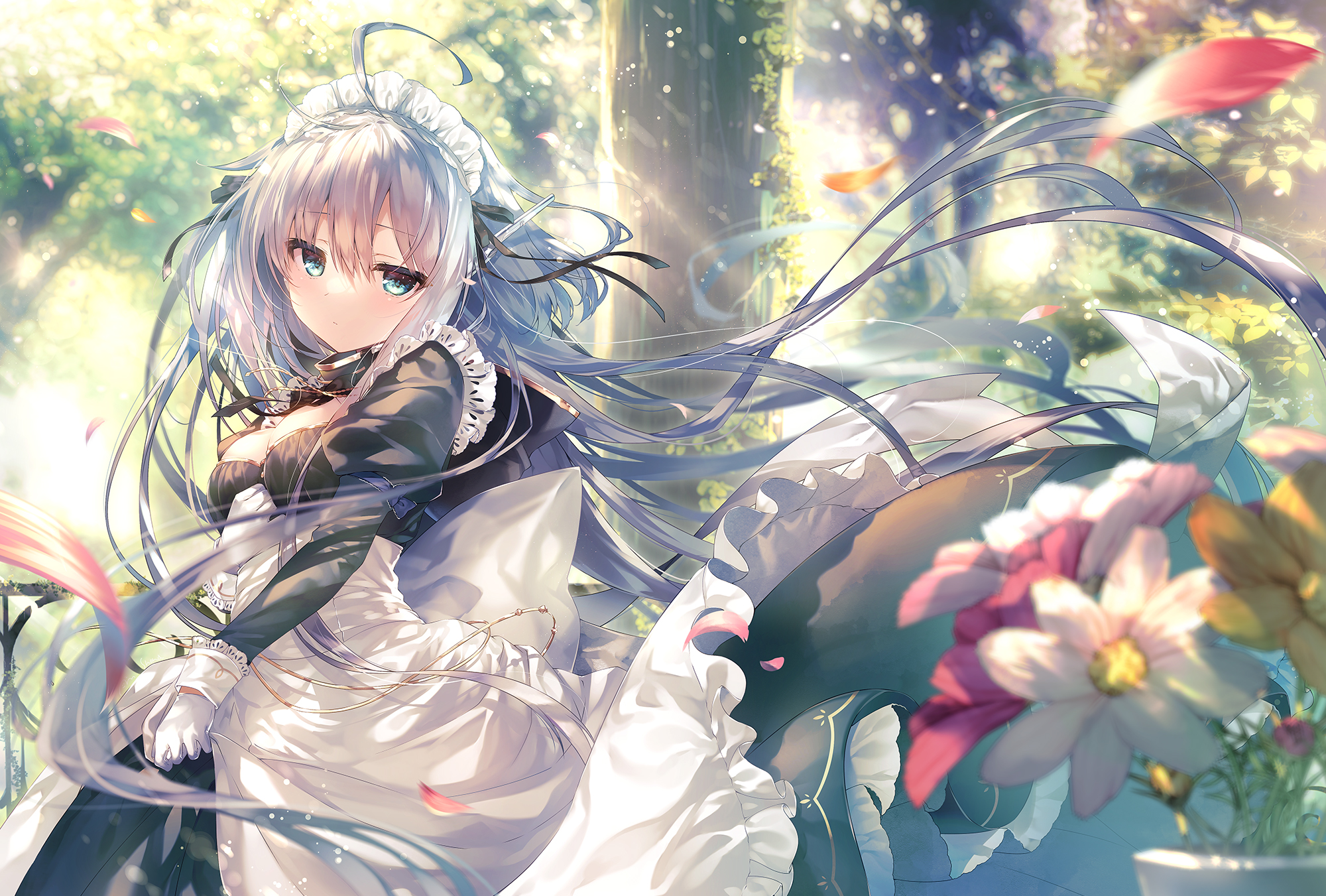 Anime 2000x1351 anime girls aqua eyes looking at viewer maid maid outfit white gloves multi-colored hair ahoge women outdoors flowers closed mouth long sleeves white apron hair ribbon Shouna Mitsuishi petals trees floating particles long hair headdress hair between eyes sunlight gloves outdoors hair blowing in the wind wind